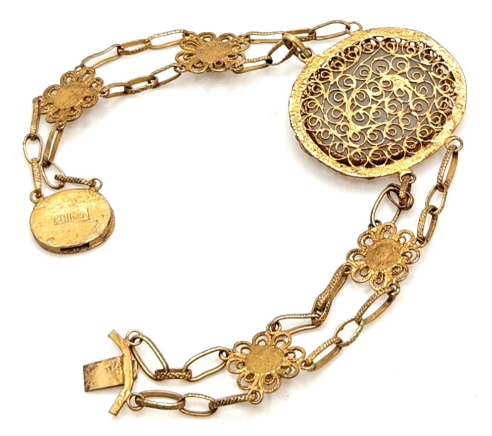 Vintage Chinese Gilt Metal Filigree Floral Carved Green Stone Link Bracelet, 7″