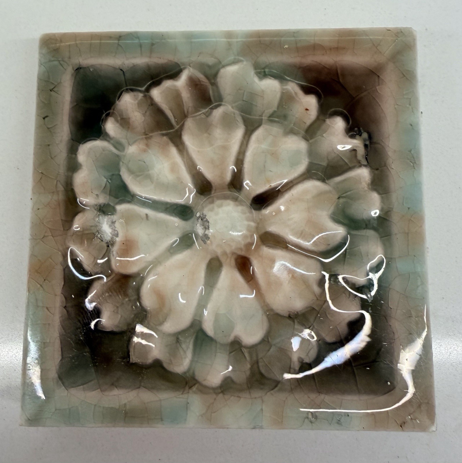 Antique AETCO 3×3 High Relief Floral Rosette Tile Pattern 10 Circa 1890
