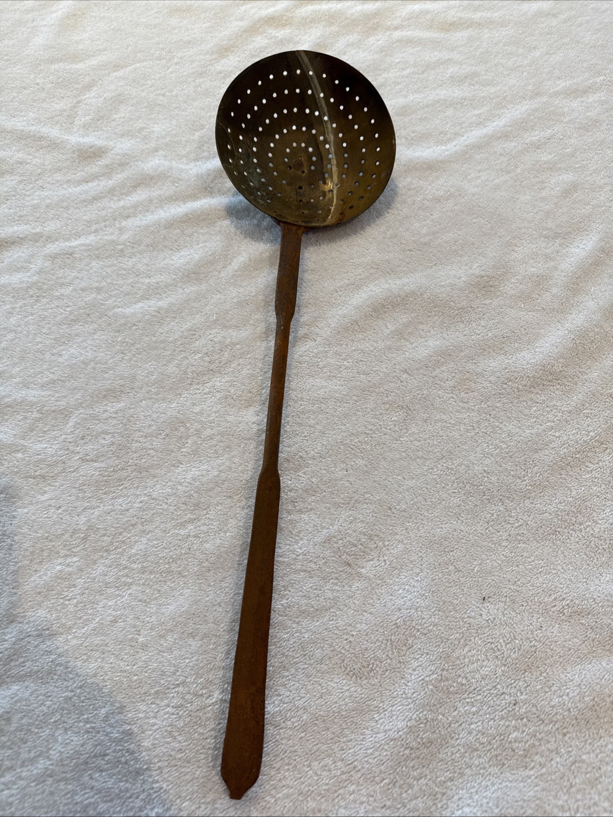 Antique Primitive 20” Brass Skimmer Ladle Holes Hand Forged Wrought Iron Handle