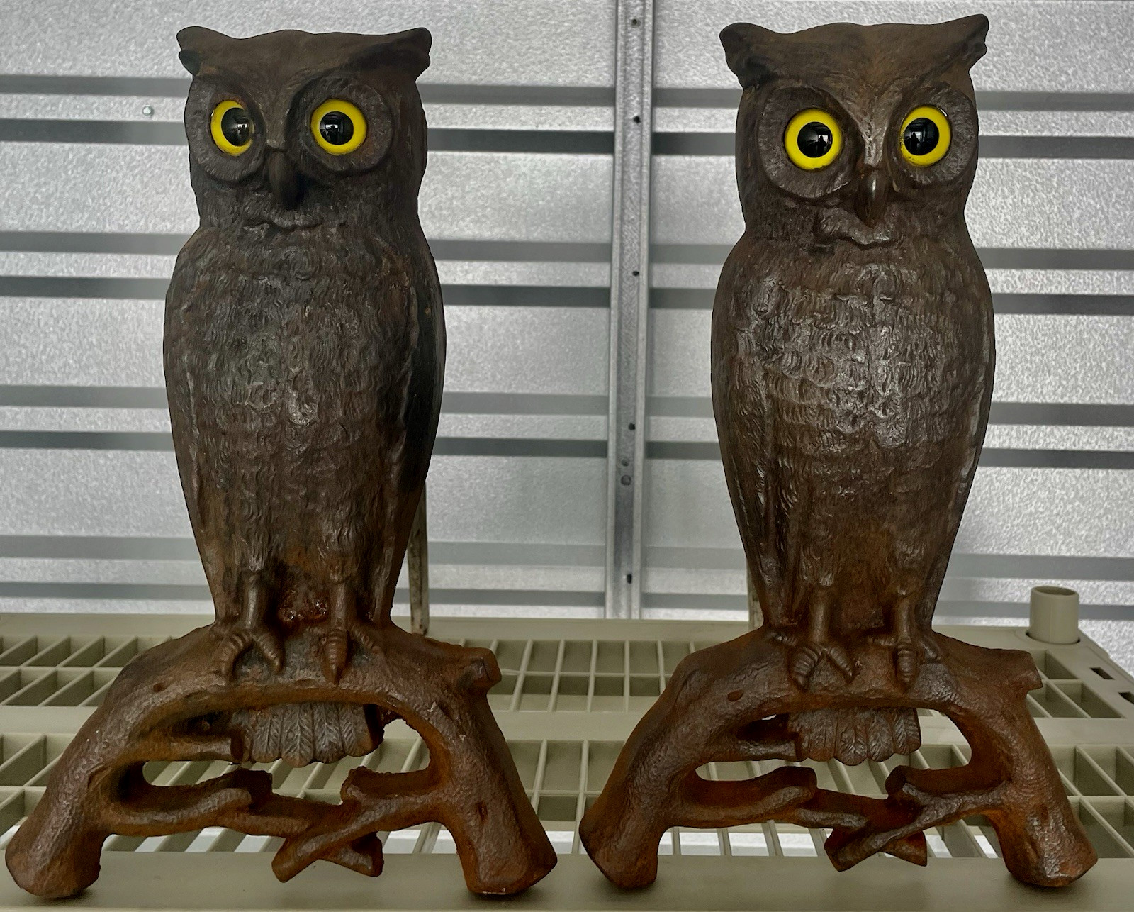 Antique Cast Iron Fireplace Andirons Set Owls Original Yellow Glowing Glass Eyes