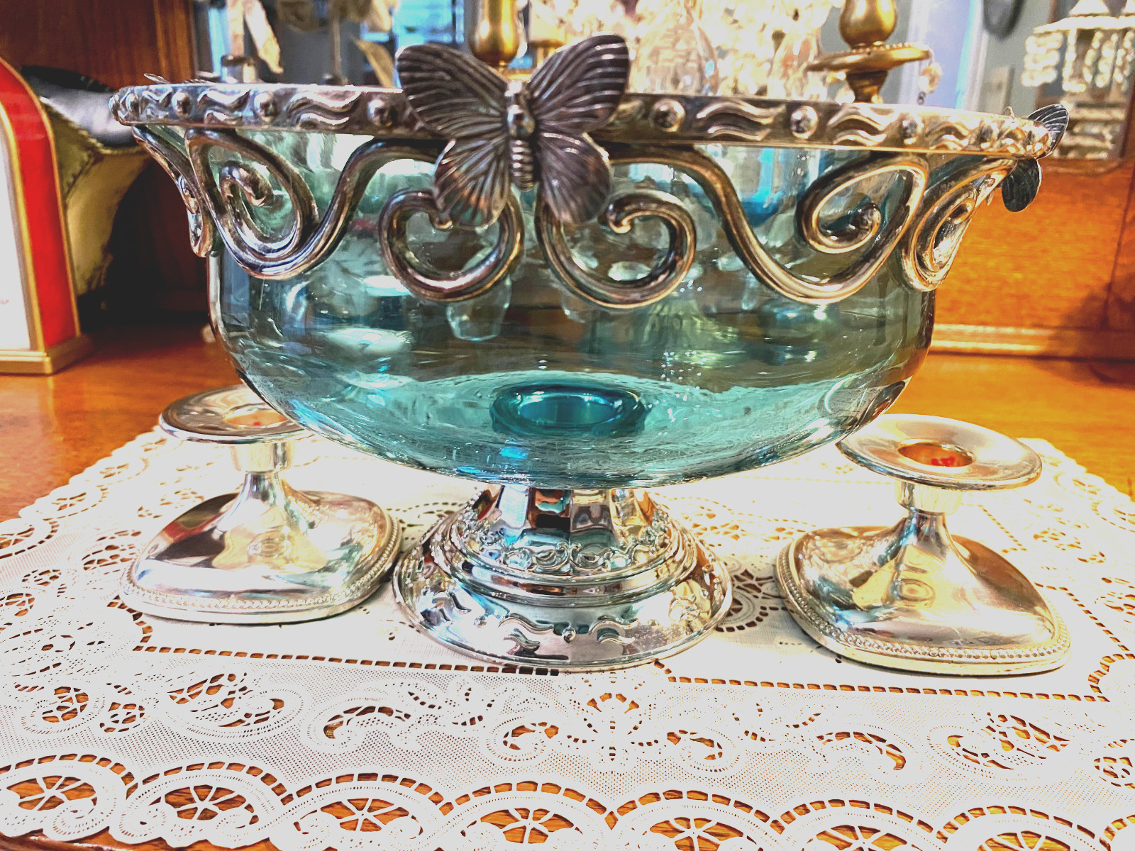STUNNING BLUE GLASS CONSOLE BOWL STERLING SILVER MOUNT WMF CANDLESTICK HOLDERS
