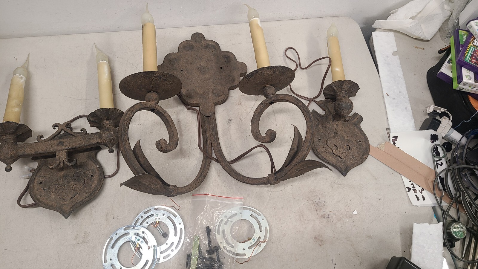 3 Lot Vintage Bronze Leaf Pattern Sconce, 3 Arms, 2 Arm, 1 Arm Medieval Look