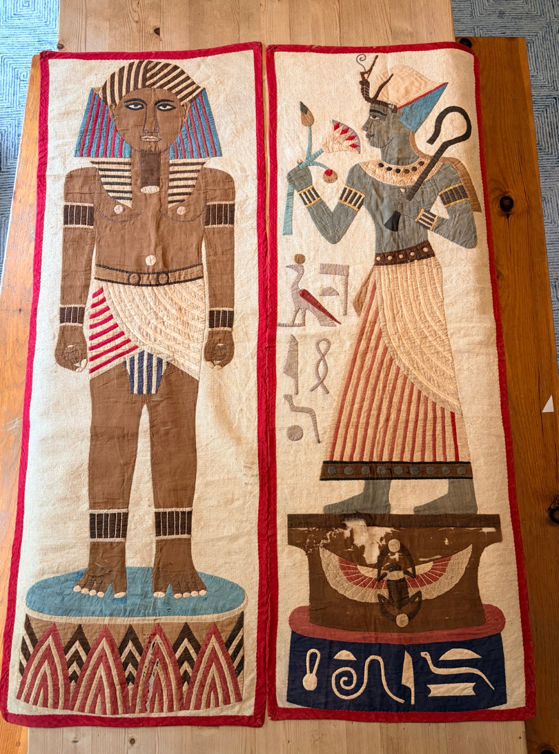 Pair Vintage Egyptian Revival Fabric Wall Panels Pharaoh Applique Embroidery 55”