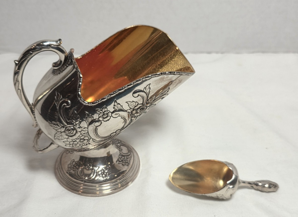 Vtg Raimond Silver Plate and Copper Pedestal Sugar Scuttle With Scoop FREE S&H