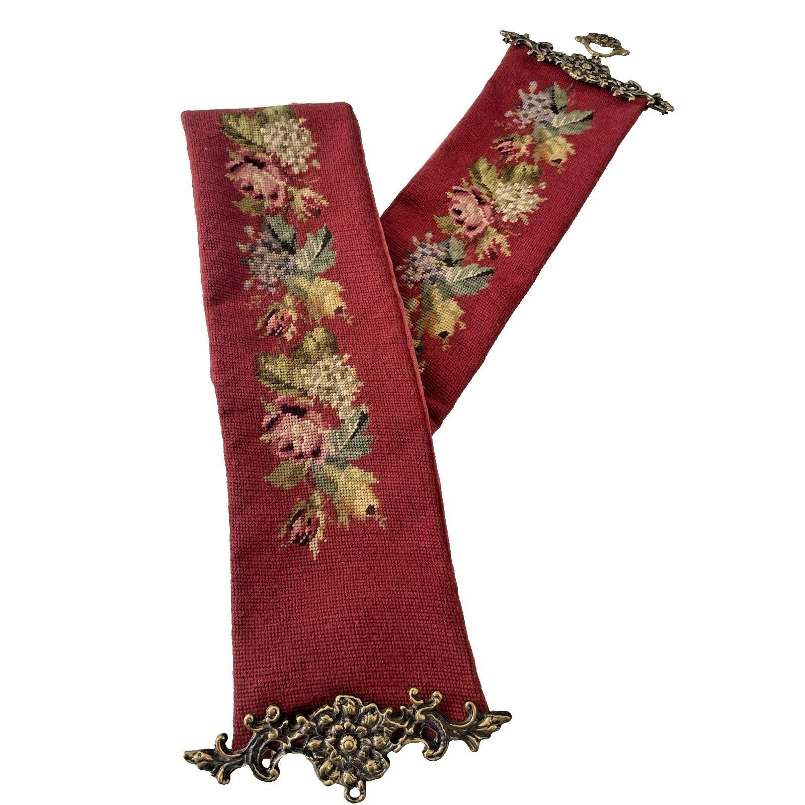 Vtg Burgundy Needlepoint Tapestry Ornate Brass Bell Pull Wall Hanging 63″ Long