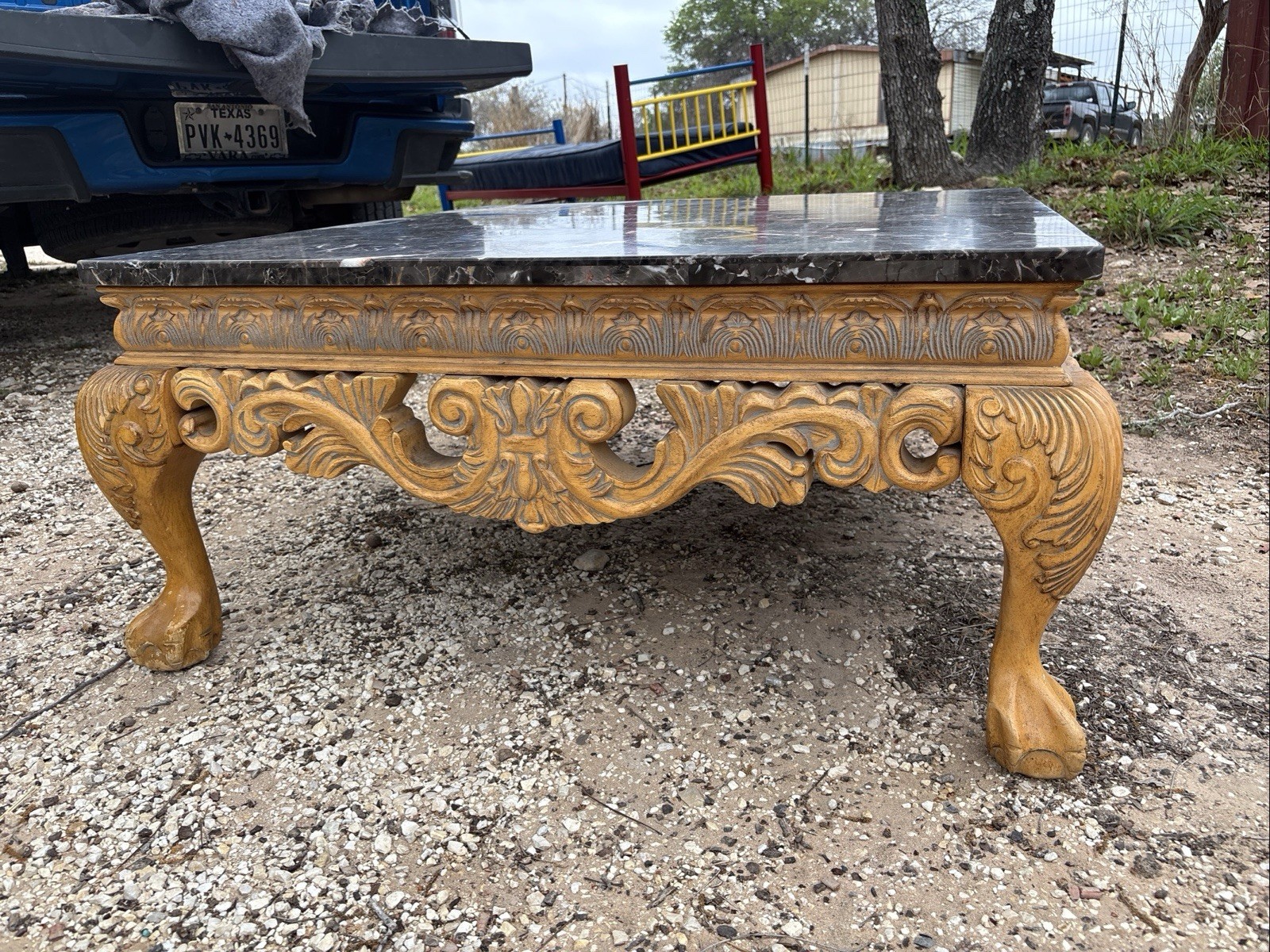 Baroque Style Marble Top Coffee Table with Ornate Carved Wood