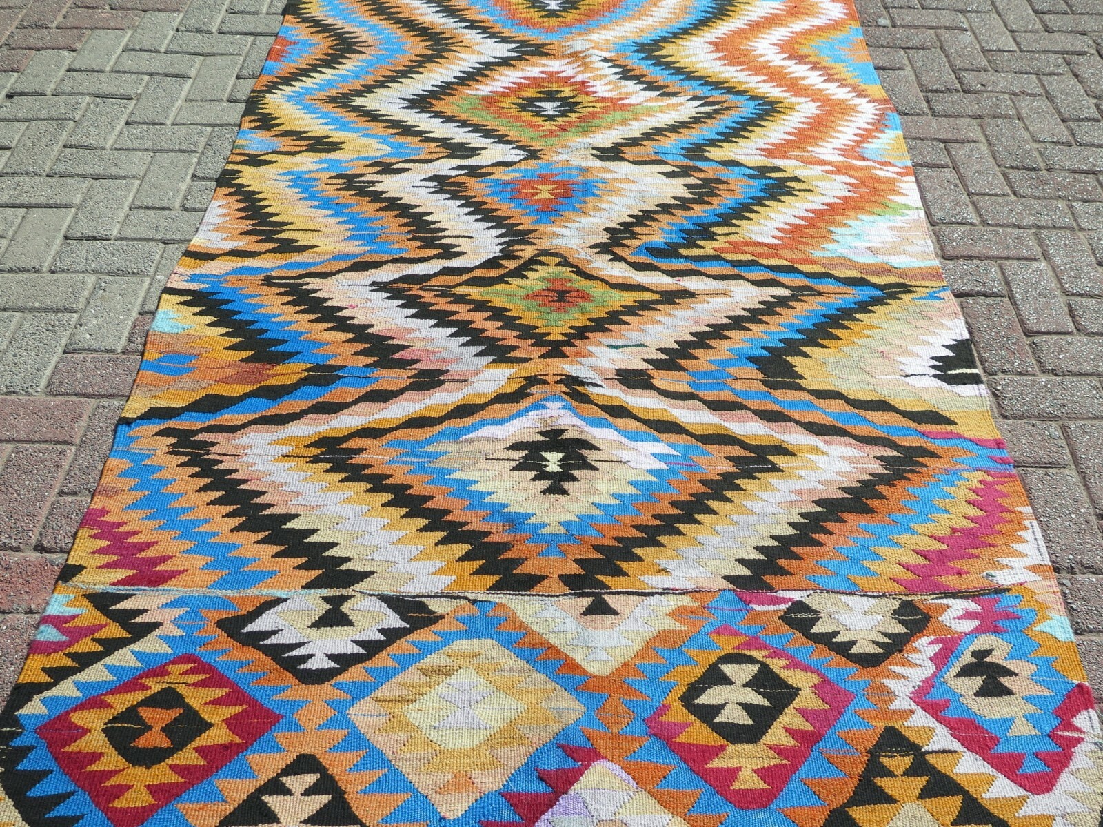Sky Blue Zigzag Multicolor Vntage Turkish Rug, Large Handmade Wool Carpet 58×106