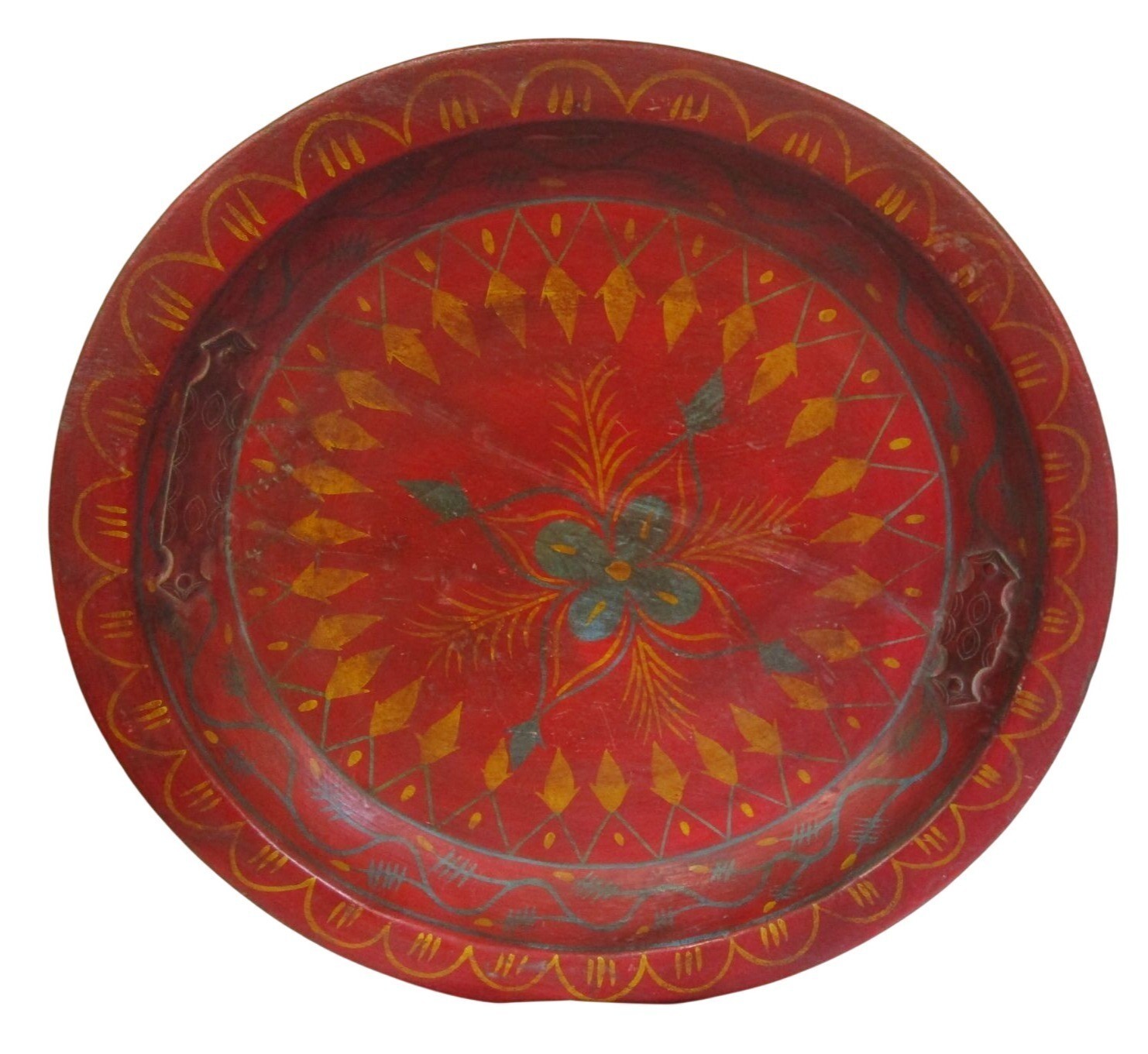 Vintage Hand Painted Folk Art Decorative Wooden Platter Fancy Metal Repair Bands