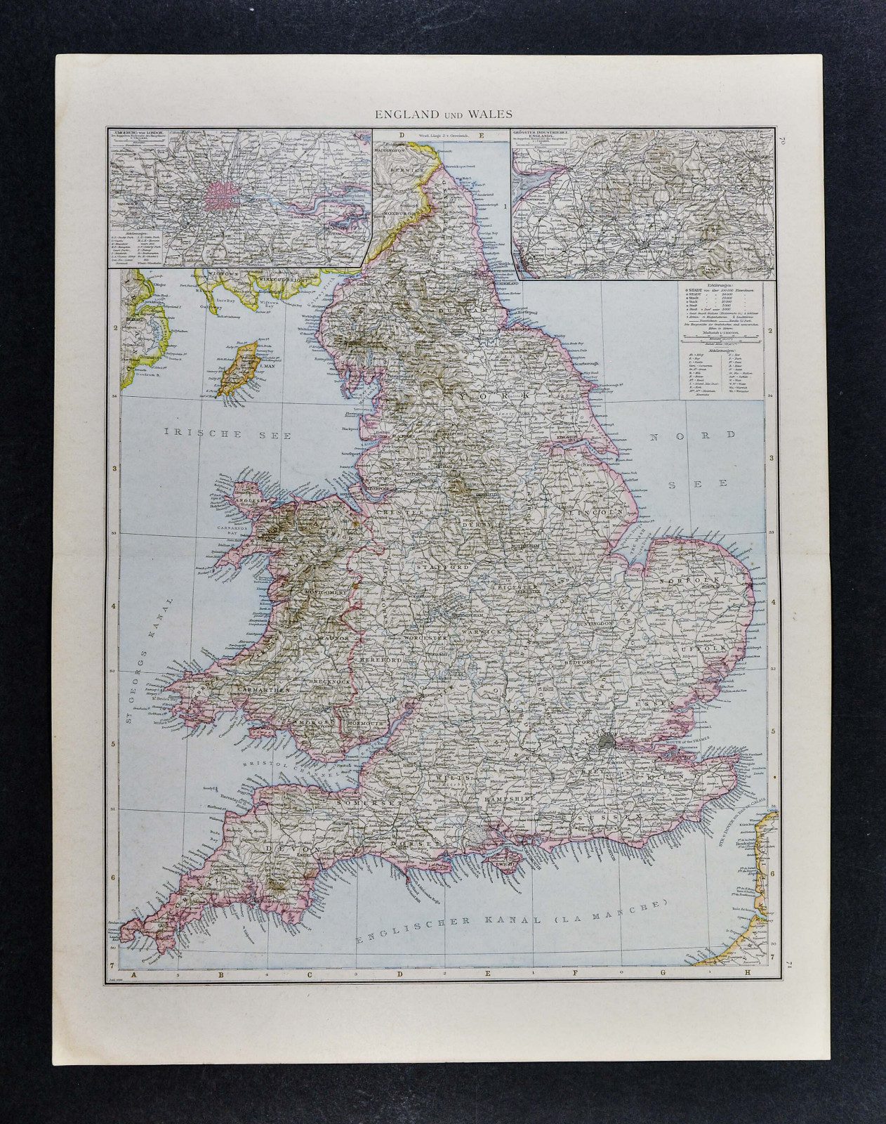 1887 Andrees Map – England Wales – London Liverpool Nottingham Bristol Thames UK