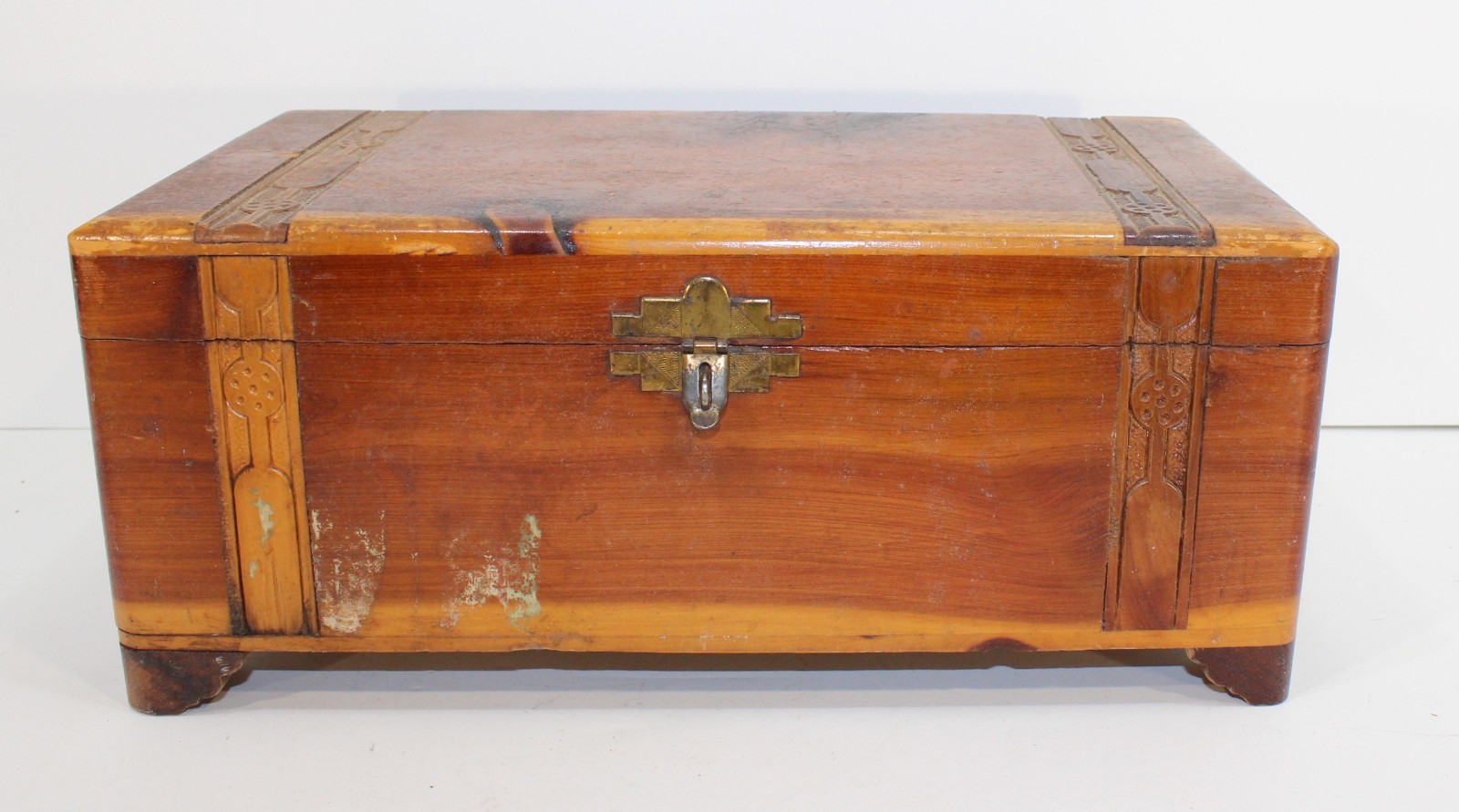 Cedar Jewelry Box Engraved Inlay Brass Latch Lined Interior Keepsake Box