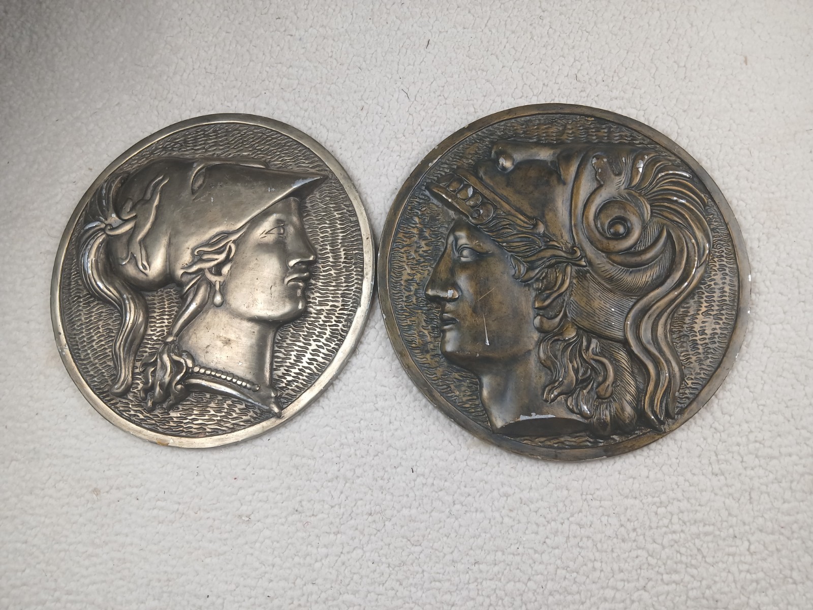 Antique Maitland Smith pair Bronze Sculptured Wall Plaques Roman Greek Figures