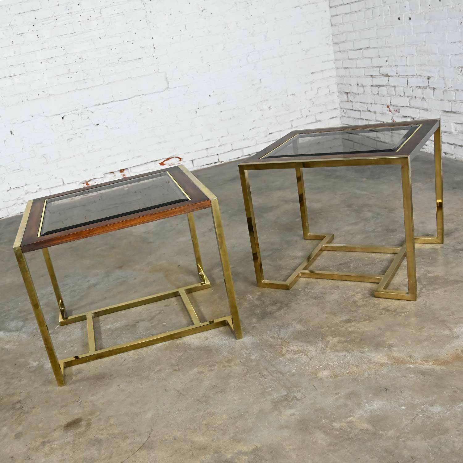 2 Brass Plated Wood & Glass End Tables by Thomasville Furn Style Milo Baughman