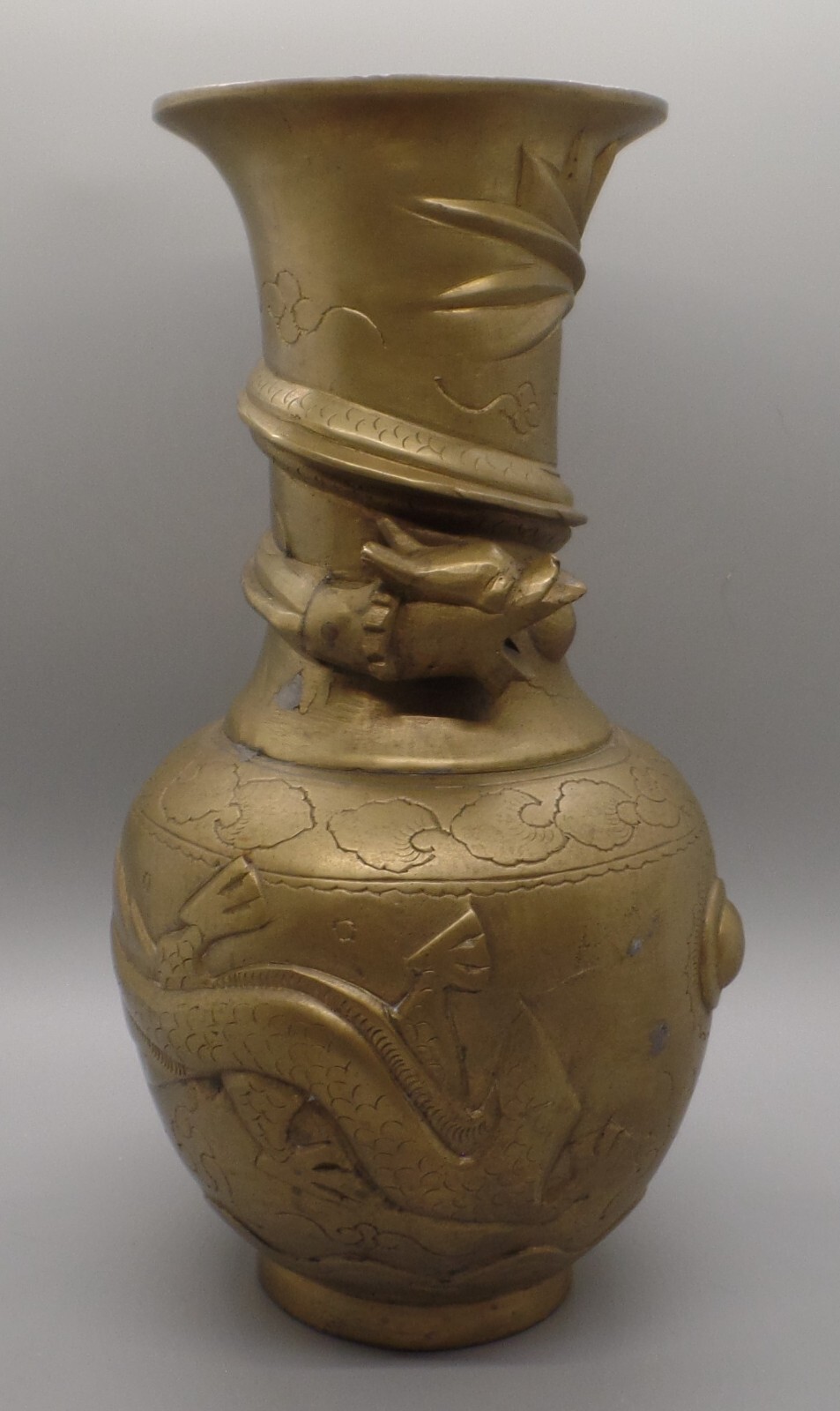 Vintage Chinese Brass Dragons “Chasing the Pearl Vase” –9 1/2 Inches-UNFINISHED