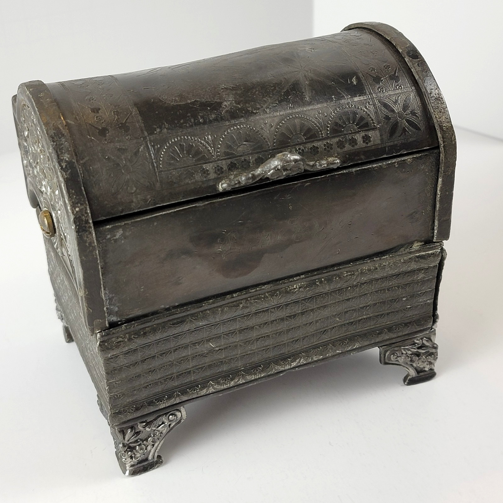 Antique Meriden Britannia Co Mechanical Jewelry Casket Box 1878 Silverplate VTG