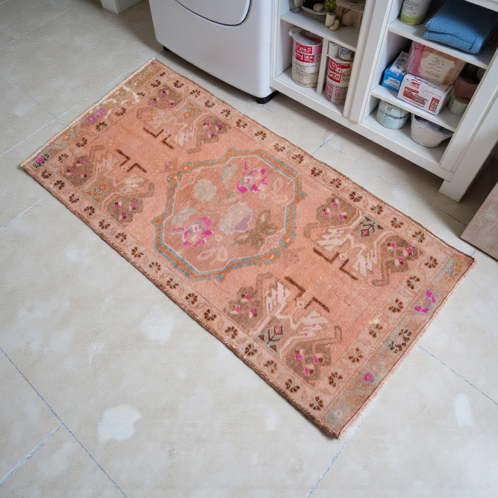 Vintage Hand-Knotted Turkish Rug Small Oushak Rug Door Mat Wool 1′ 10″ x 3′ 10″