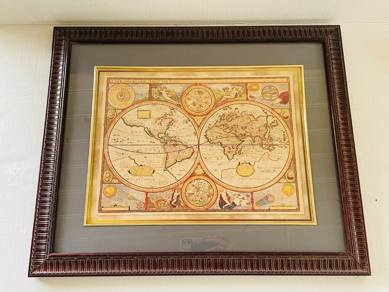 A NEW AND ACCURAT MAP OF THE WORLD 1651 Framed Reproduction 19 x 23″