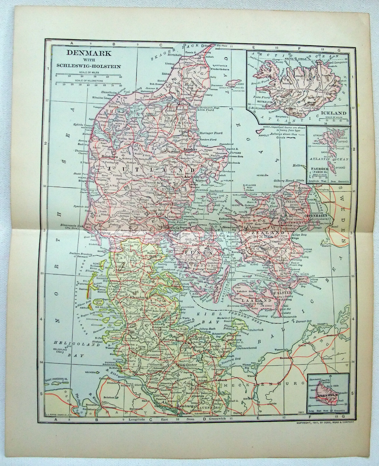 Denmark – Original 1908 Map by Dodd Mead & Co. Schleswig Holstein. Antique