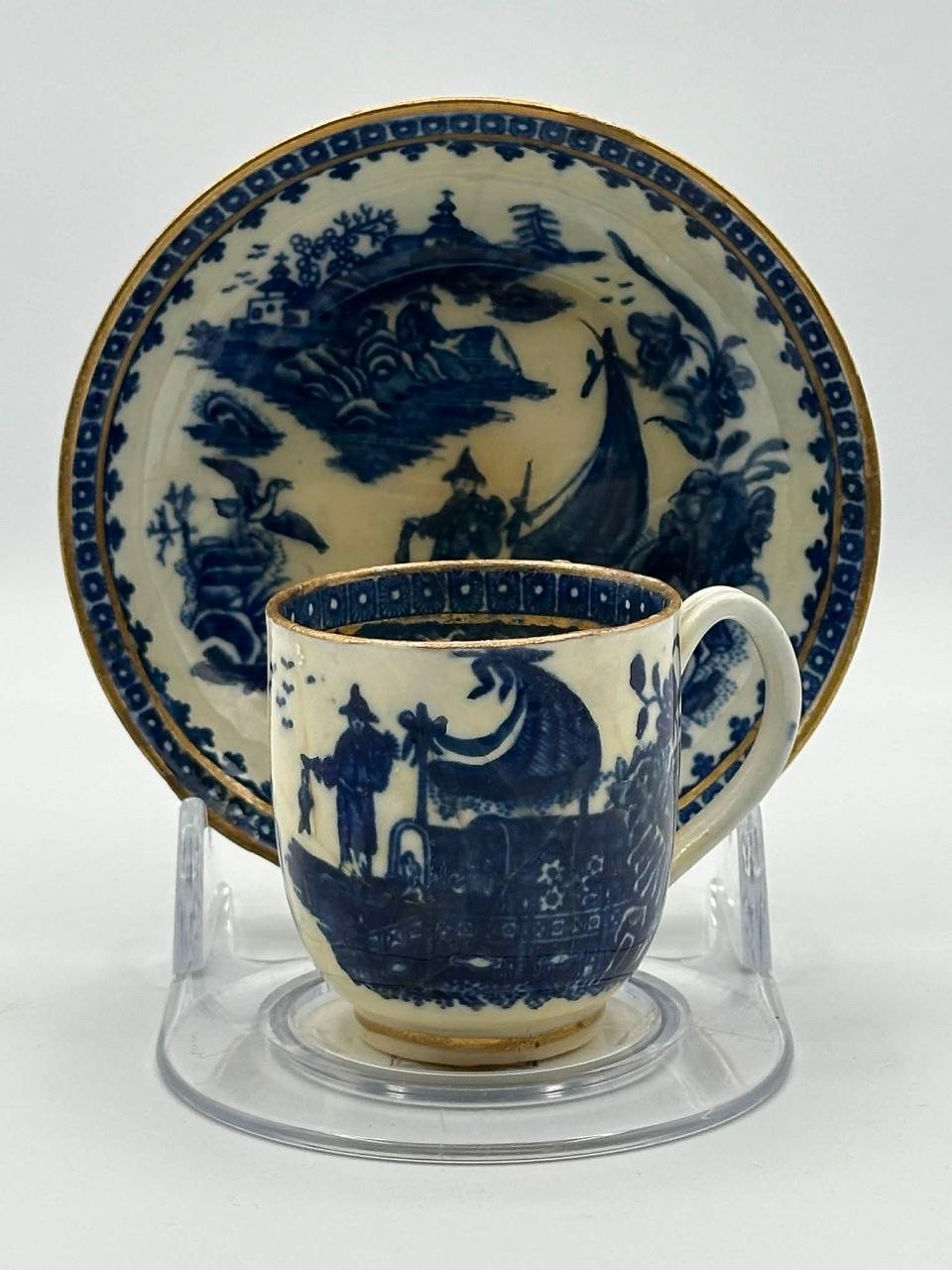 Antique Caughley Porcelain Blue Transfer Cup Saucer Chinese Fisherman 18th