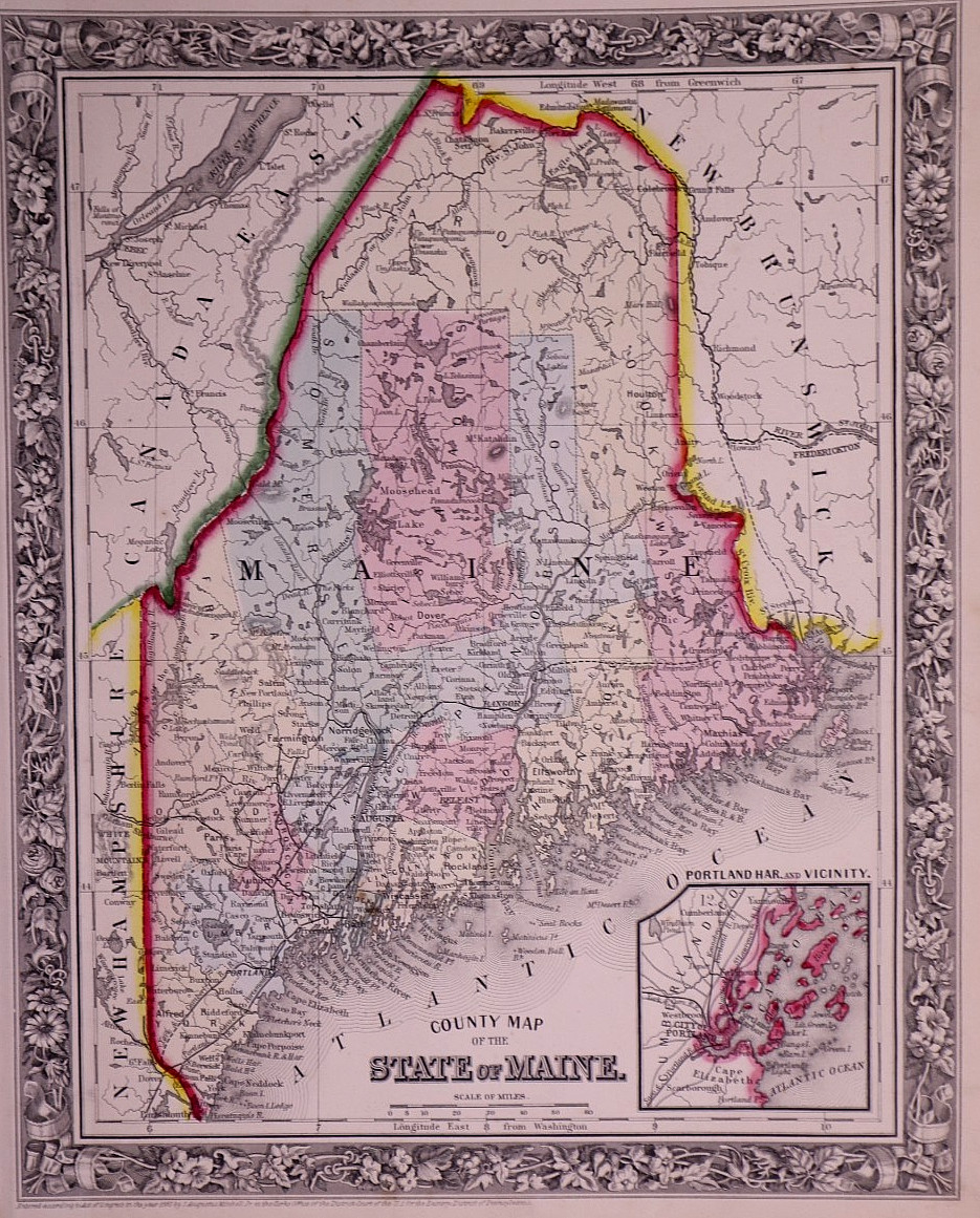 Rare Antique 1861 Map ~ State of Maine by S.A. Mitchell 12×15 – Hand Tinted