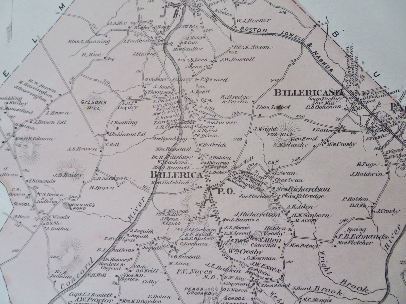 Billerica Middlesex County Massachusetts 1875 F.W. Beers detailed color map