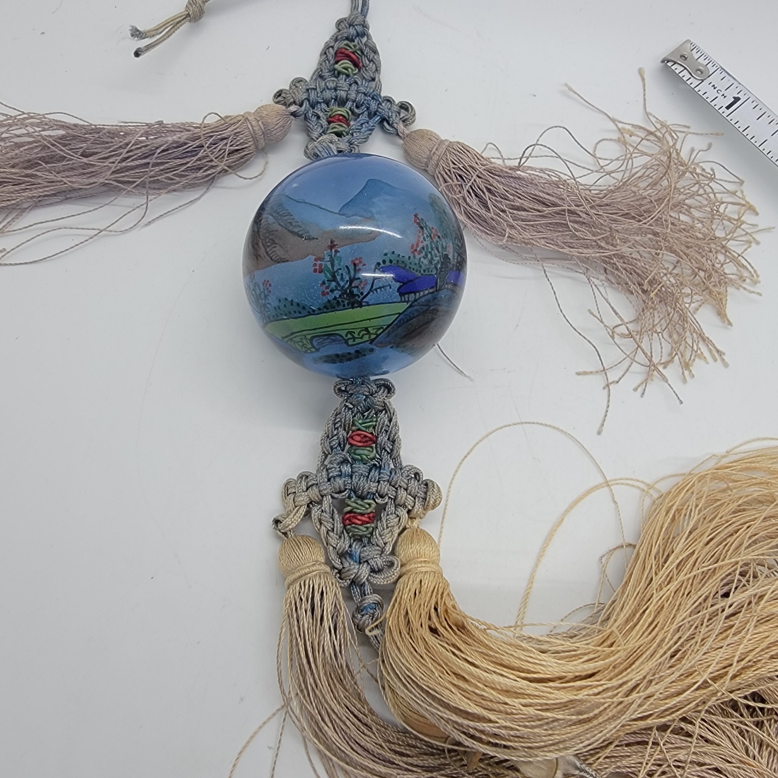 Antique Peking Glass Reversed Painted Large Bead with Silk Tassel