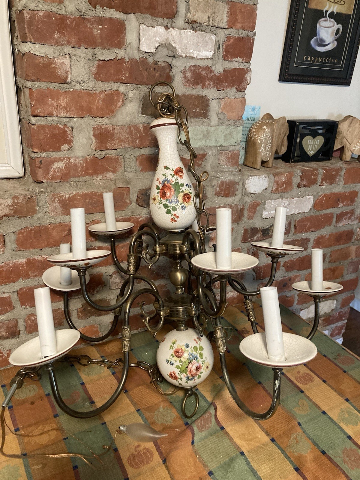 Vintage Chandelier Made In Italy Porcelain & Brass Capodimonte 10 Arms