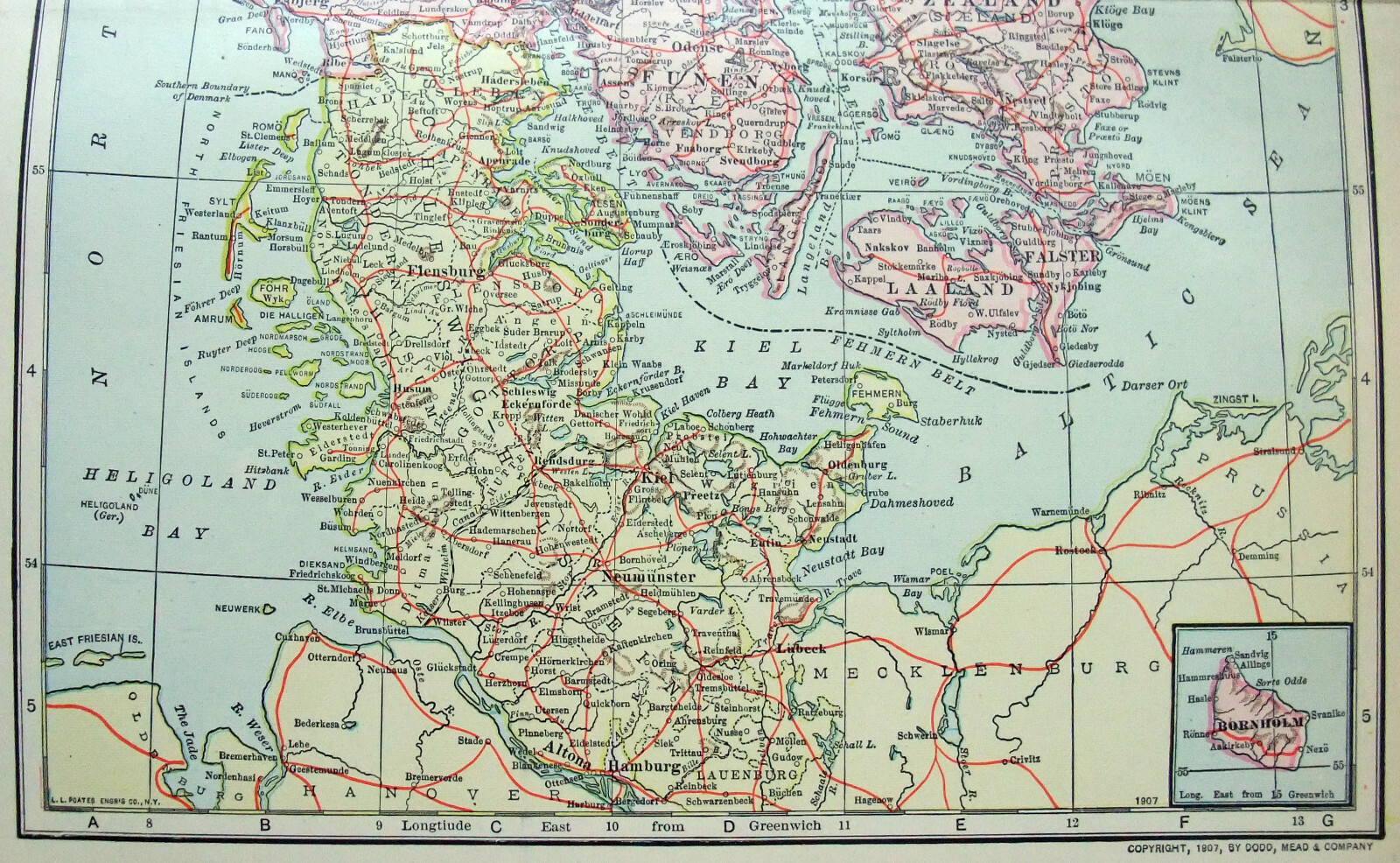 Denmark – Original 1908 Map by Dodd Mead & Co. Schleswig Holstein. Antique