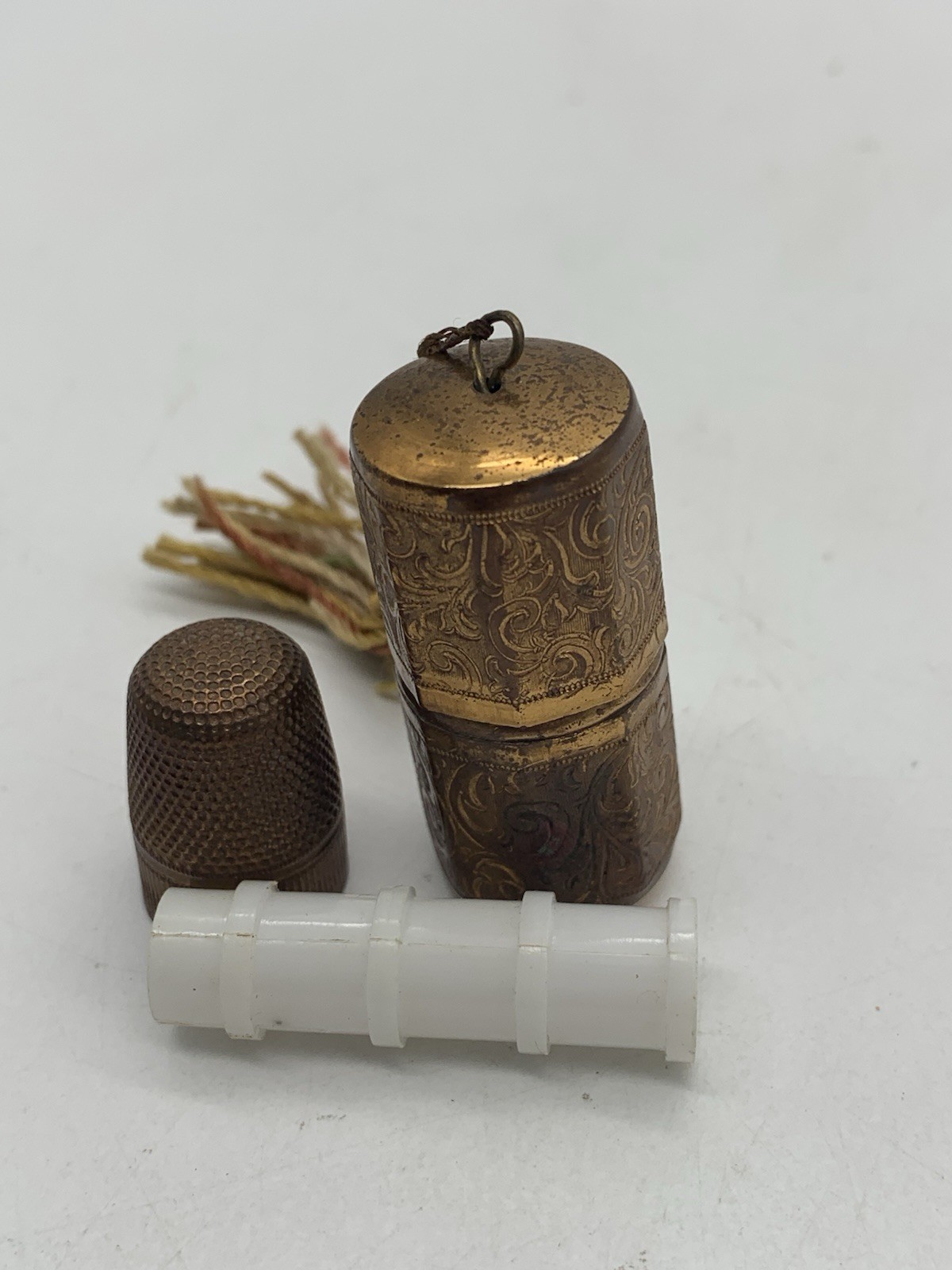 Antique Victorian Sewing Pendant Case Gold Tone Thimble and thread