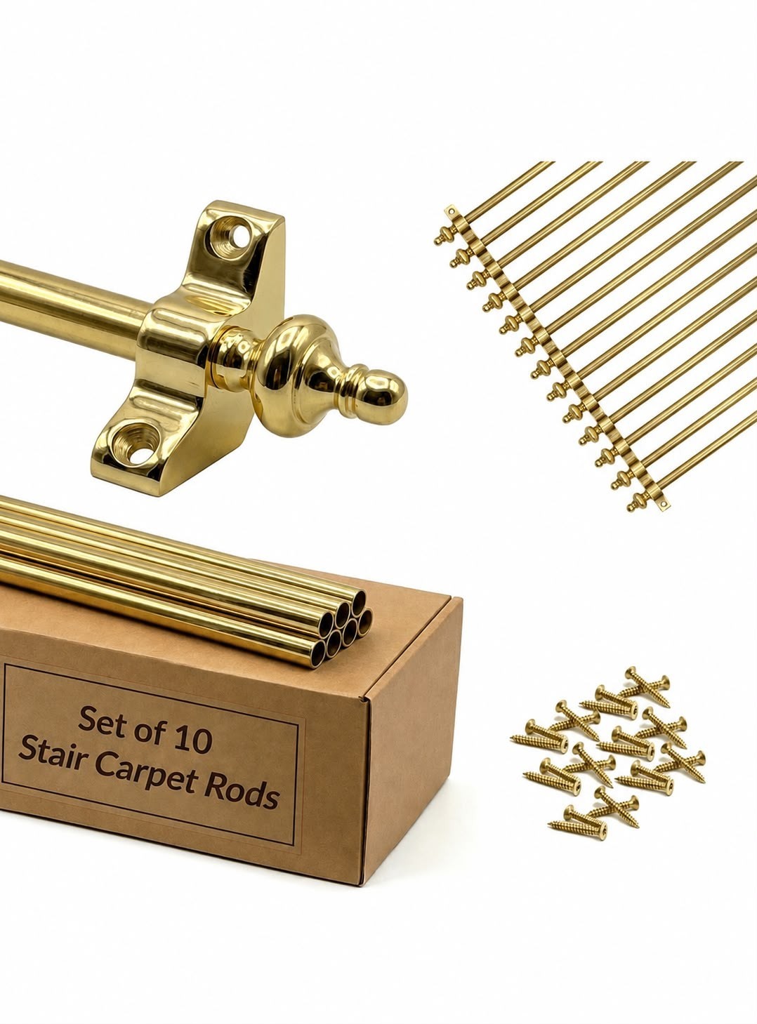 Set of 10 | Stair Carpet Rods | Urn Finial – Polished Brass | Runners Up To 70cm