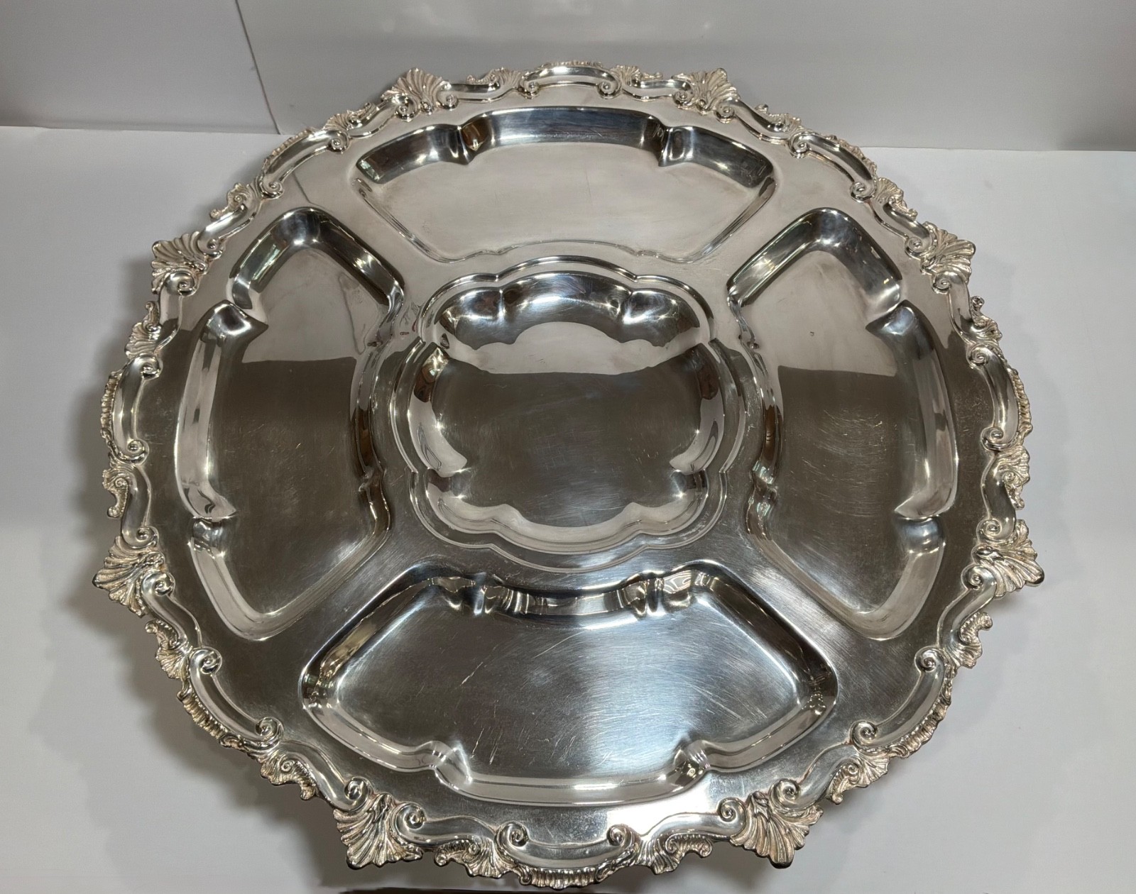 Silver Soldered Stud Plated Lazy Susan Serving Platter 21″ Vintage Ornate Rim