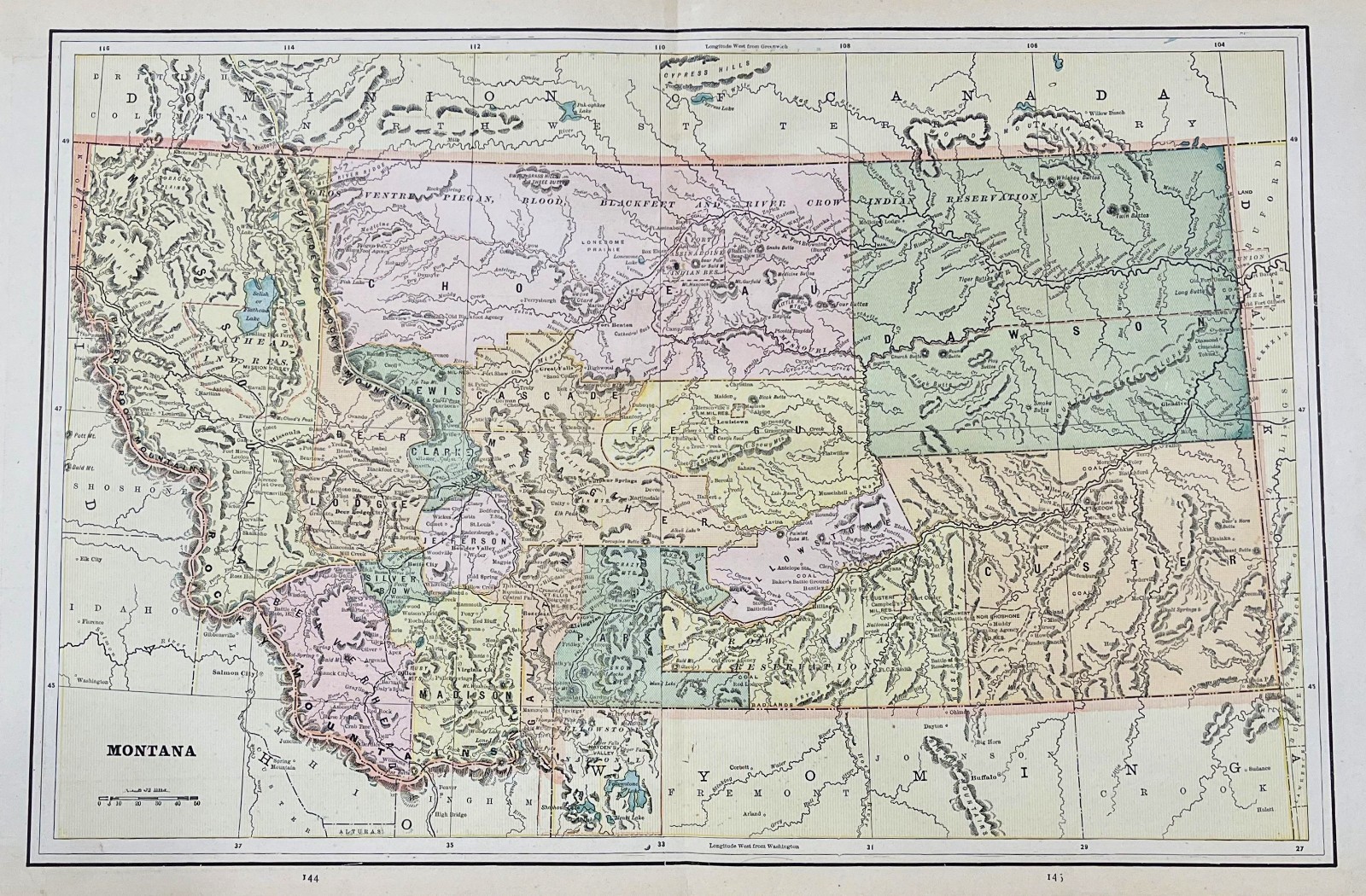 1888 Antique Montana Map Vintage Large George Cram Map of Montana 2995