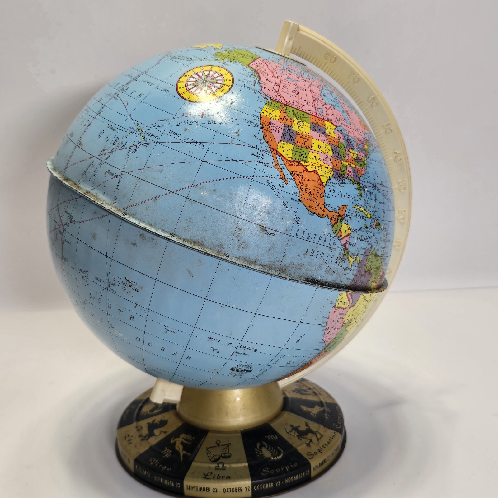 Vintage 9″ Zodiac Base World Globe with Time Zone Dial Retro Collectible Decor