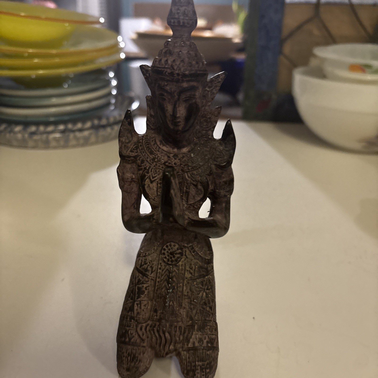 Male Thai Guardian Angel Theppanom Buddhist Sculpture Bronze Statue Old Black