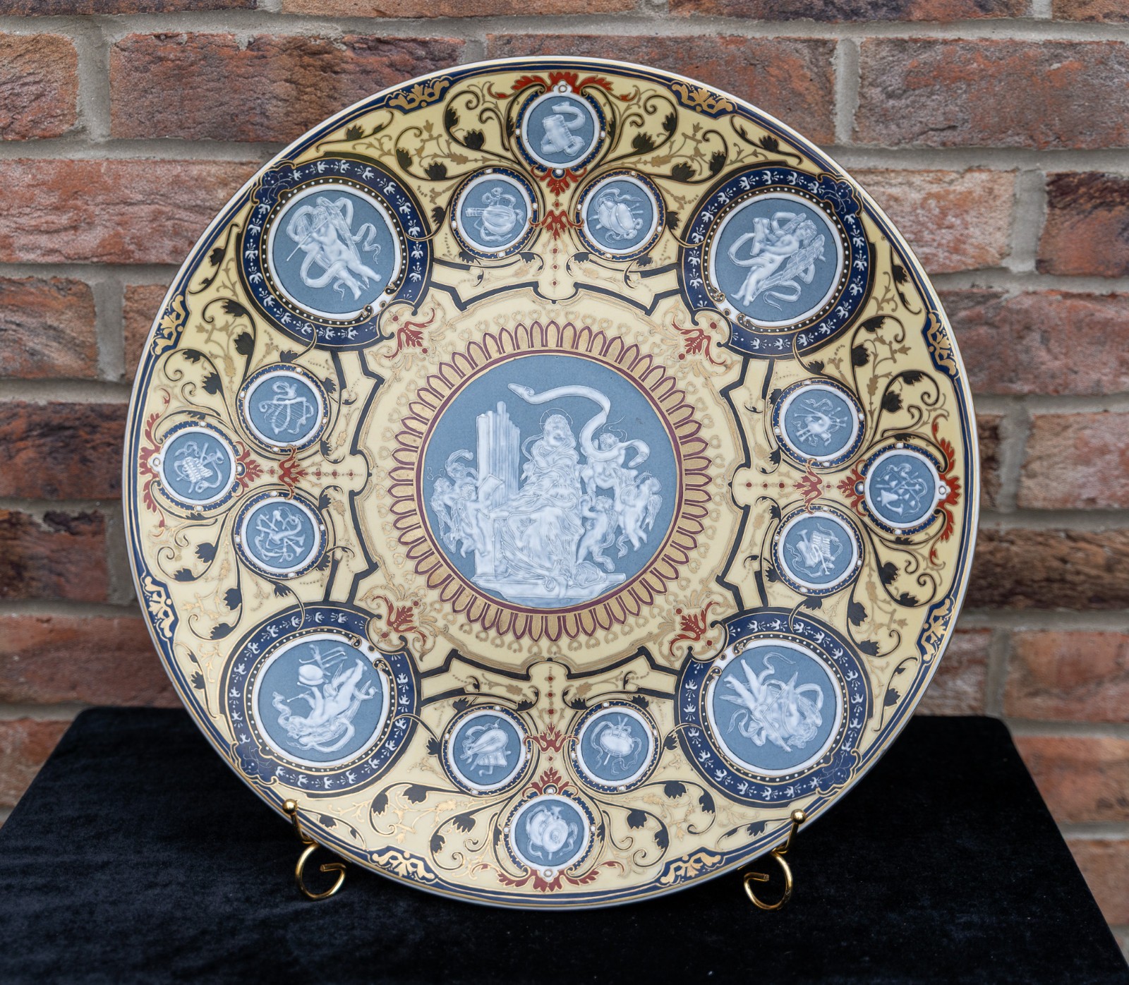 Large 19th Century French Pate Sur Pate Charger Plate 46cm Diameter 12 Zodiacs