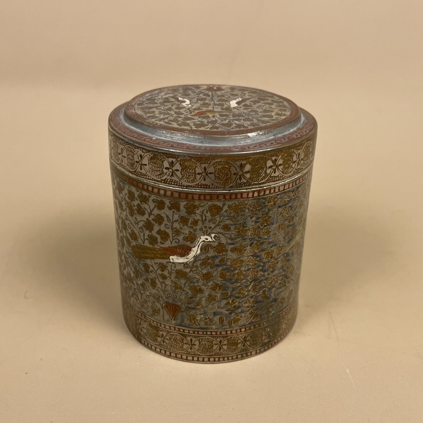 Antique Metal Gold Indian Patterned Brass Pot Lidded Enamel Lid Cylinder