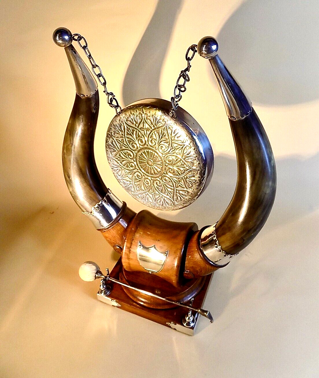 Victorian Country House Table Gong. Top Quality. Silver Plated Mounts. 46cm.High