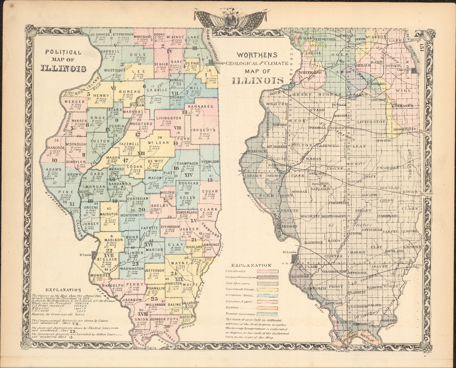 1876 Political & Climate Illinois map antique ~ 17.3″ x 13.8″ hand color