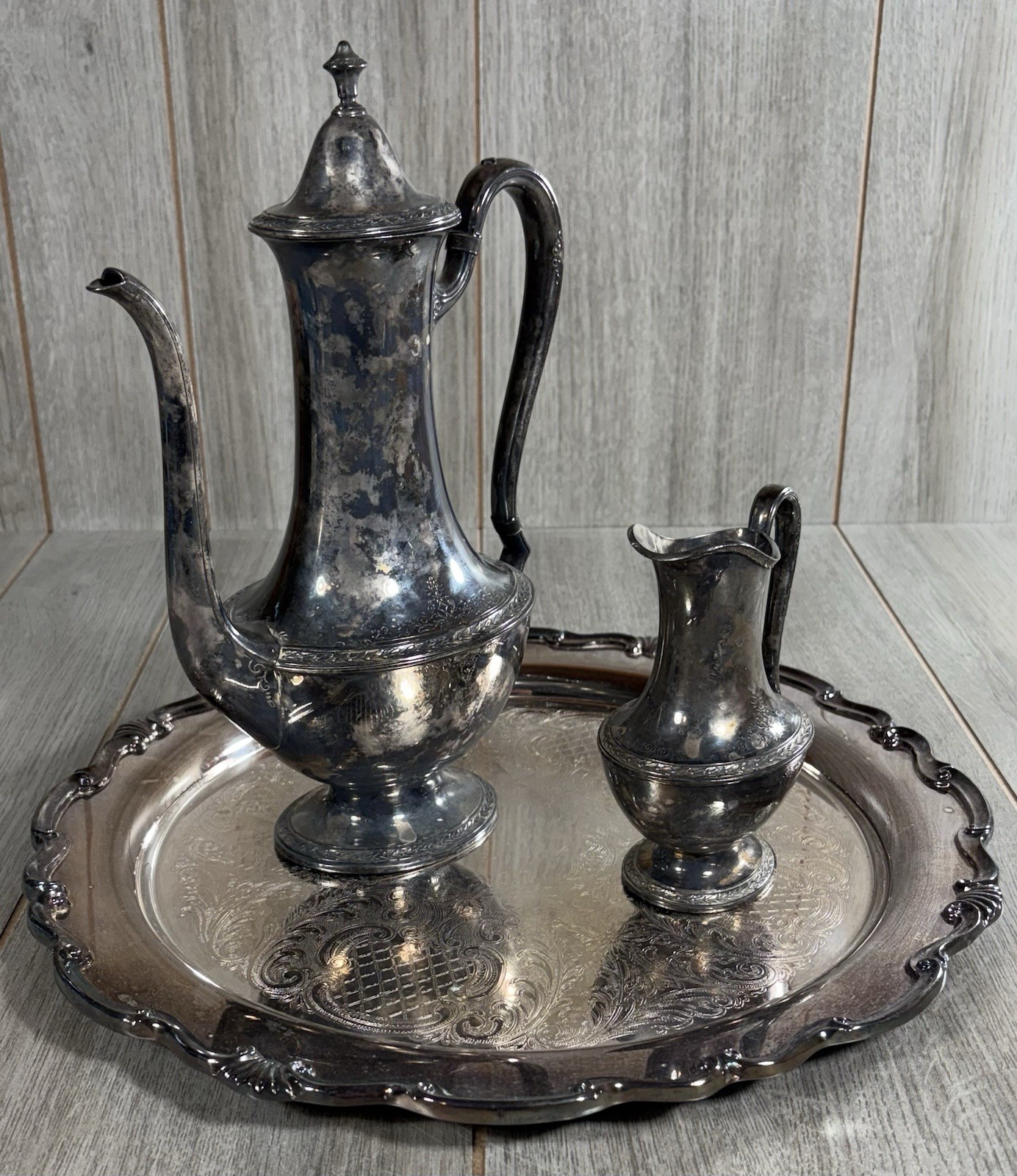 Vintage 1847 Rogers Bros Silverplate Coffee Tea Pot & Creamer Large Tray Argosy