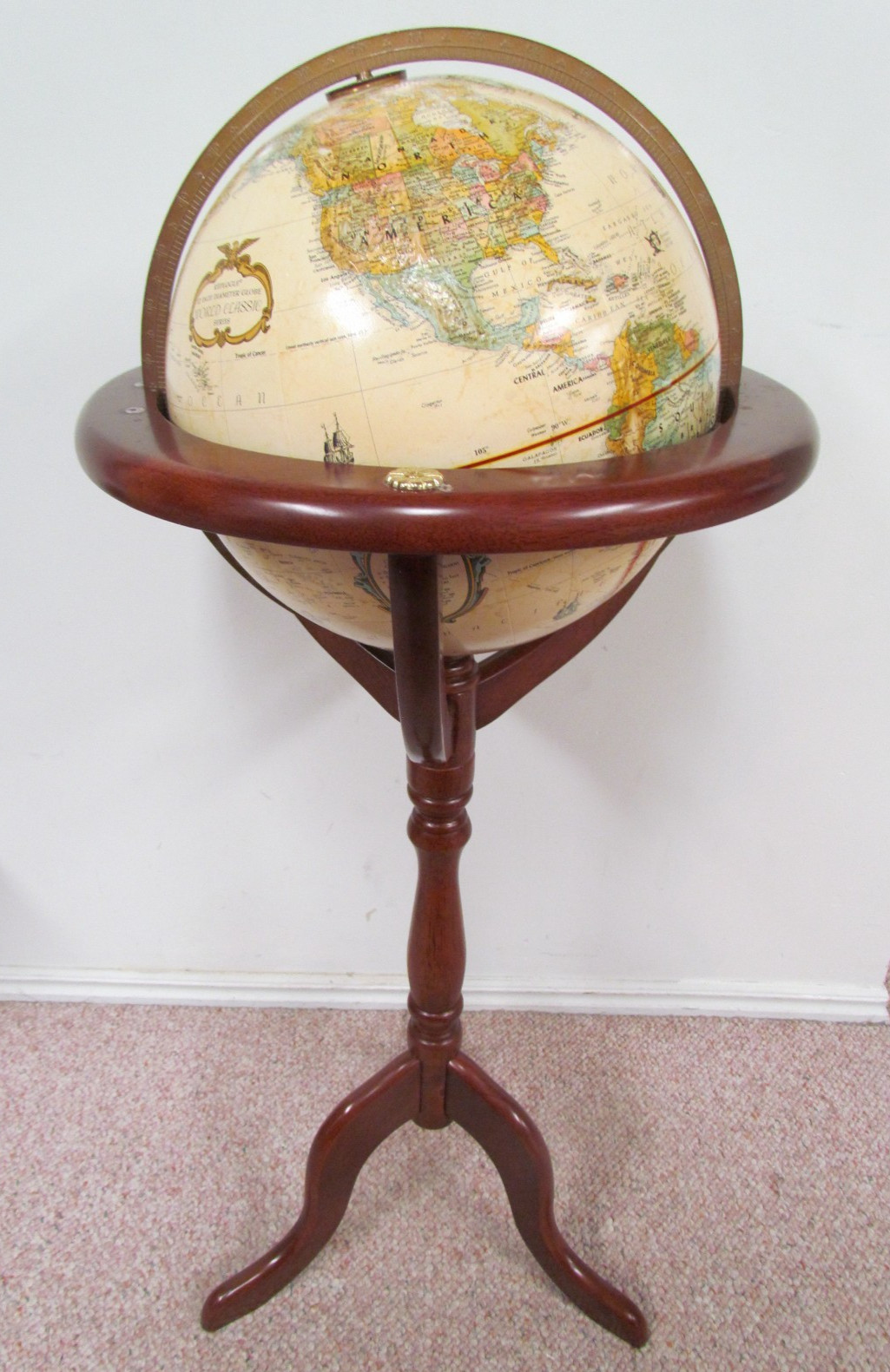 VTG Replogle World Classic Floor Globe 12” Wood Pedestal Stand Bombay Co 1993