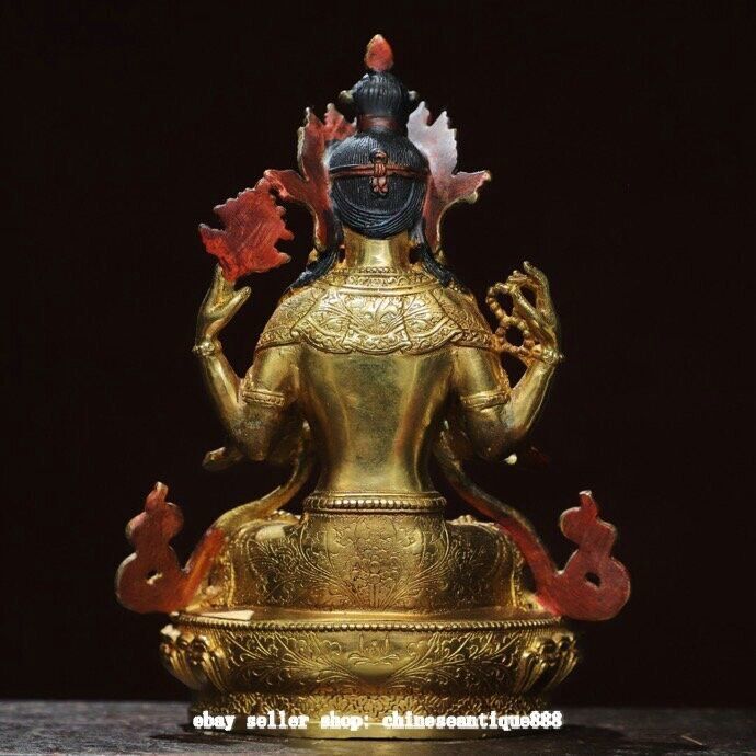 7.8″ Old Nepal Bronze Gild Painting 4 Arms Kwan-yin Chenrezig Buddha Statue