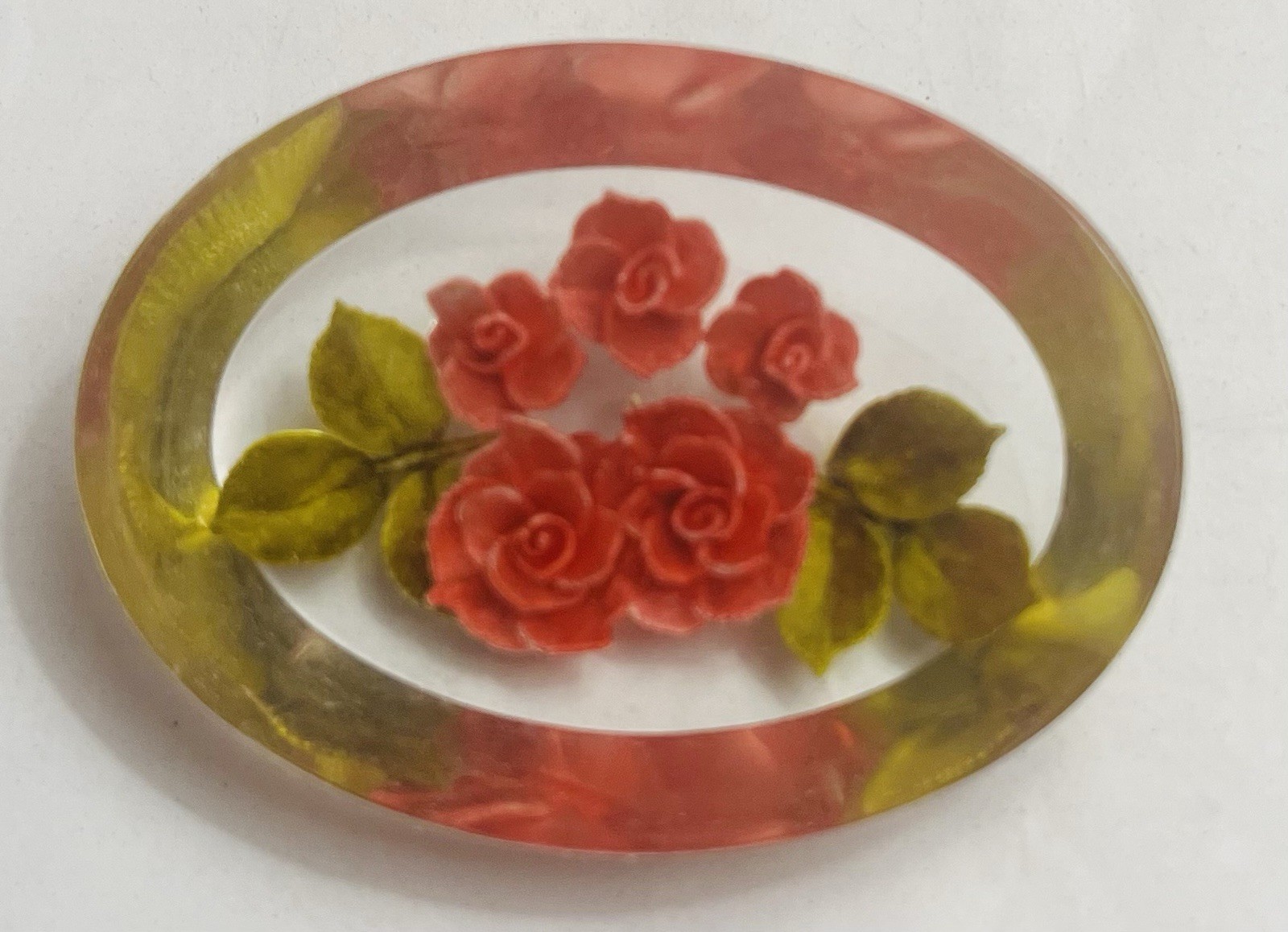 Ex rare Large Lucite Reversed carved OVAL Button of Red ROSES. 1930s/1940s