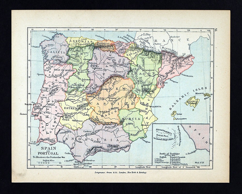 Antique Map Spain Portugal Peninsular War Napoleon Battle of Trafalgar Madrid