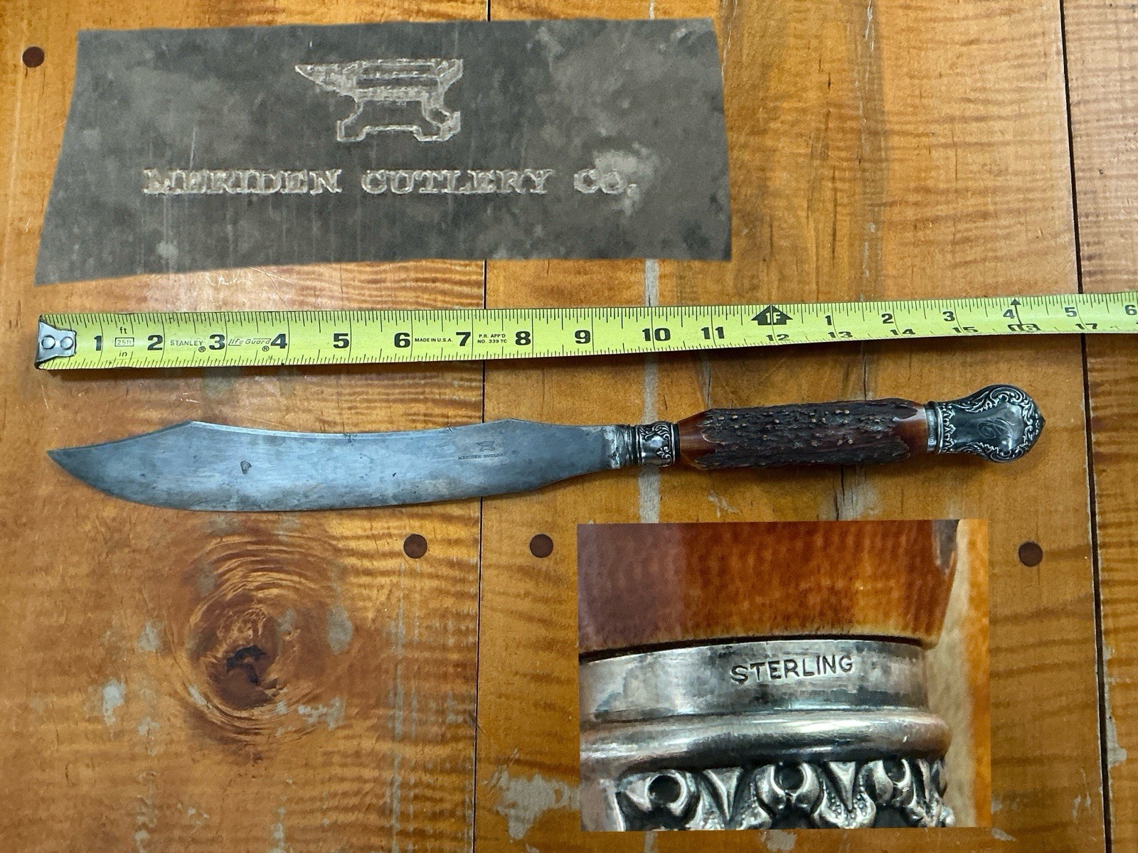 Sterling Silver Carving Knife Stag Handle MERIDEN CUTLERY 16″ Long Anvil Logo