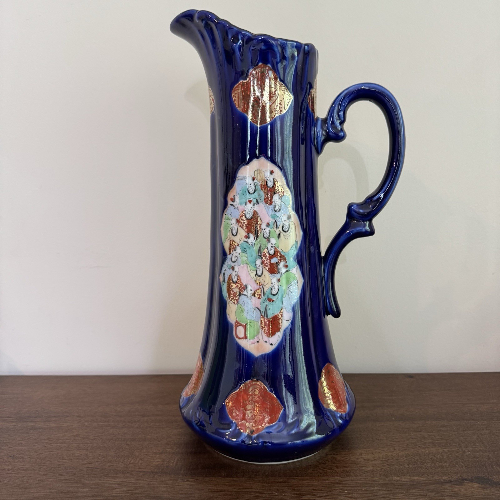 Antique Chinese Porcelain Cobalt Blue And Gold Pitcher 15.5 Hand-Painted