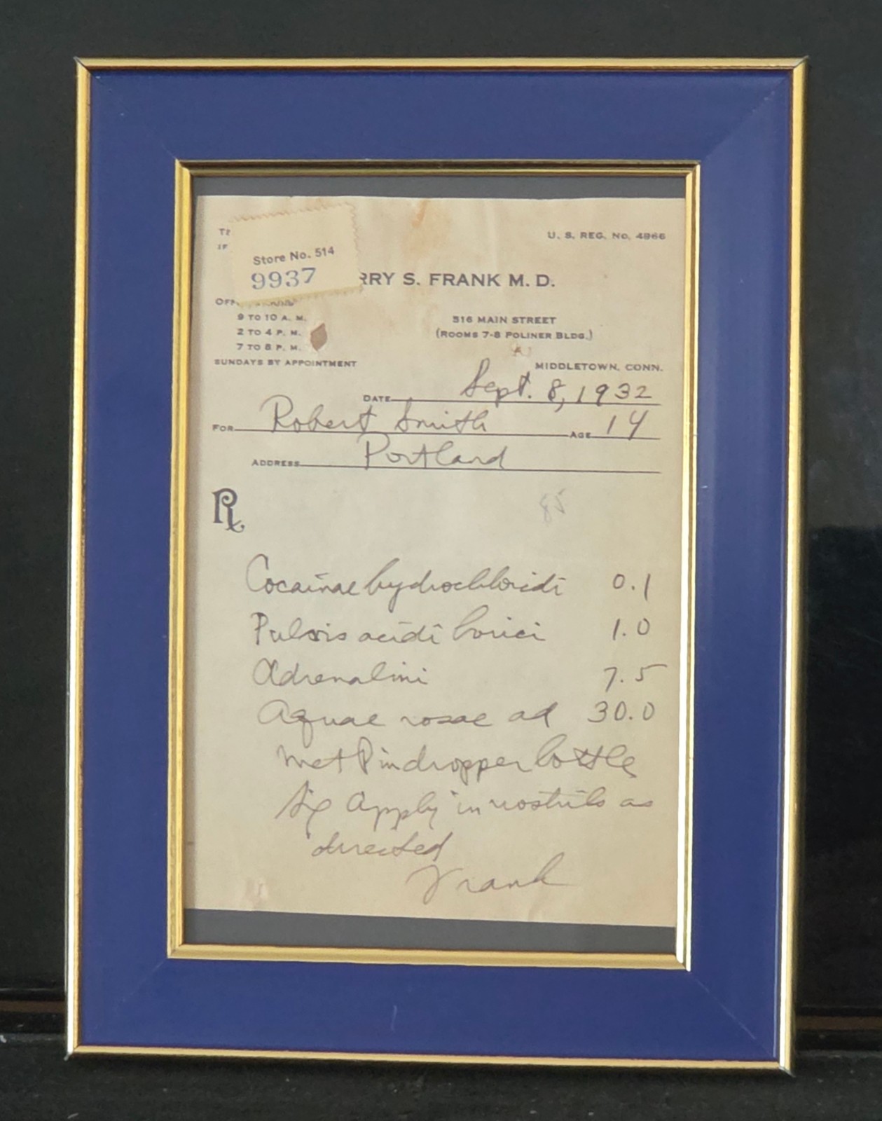 Framed Antique 1932 Prescription for Cocaine & Adrenaline