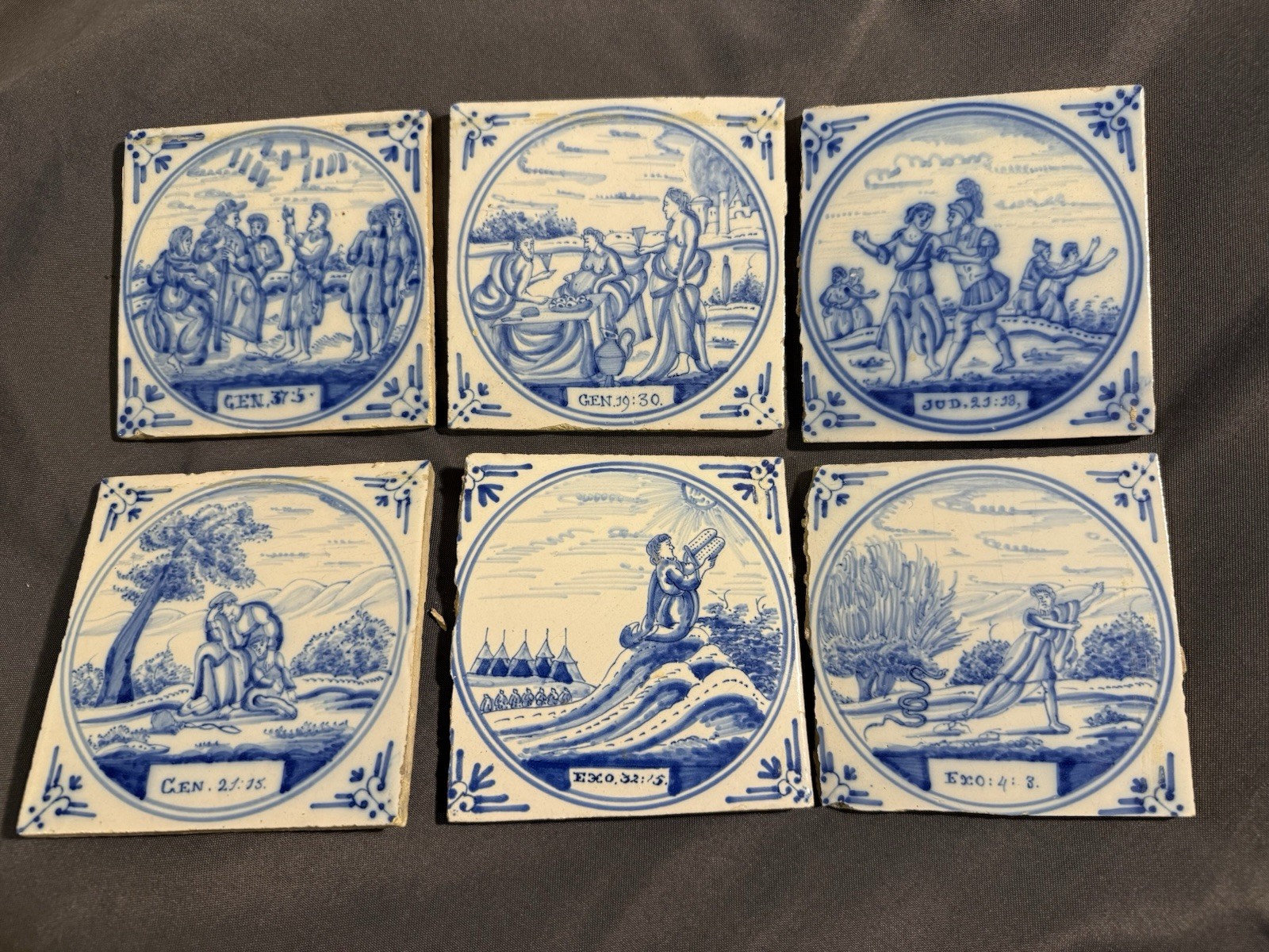 Lot of 6 Early Antique Salvaged Delft Tiles w/ Biblical Scenes