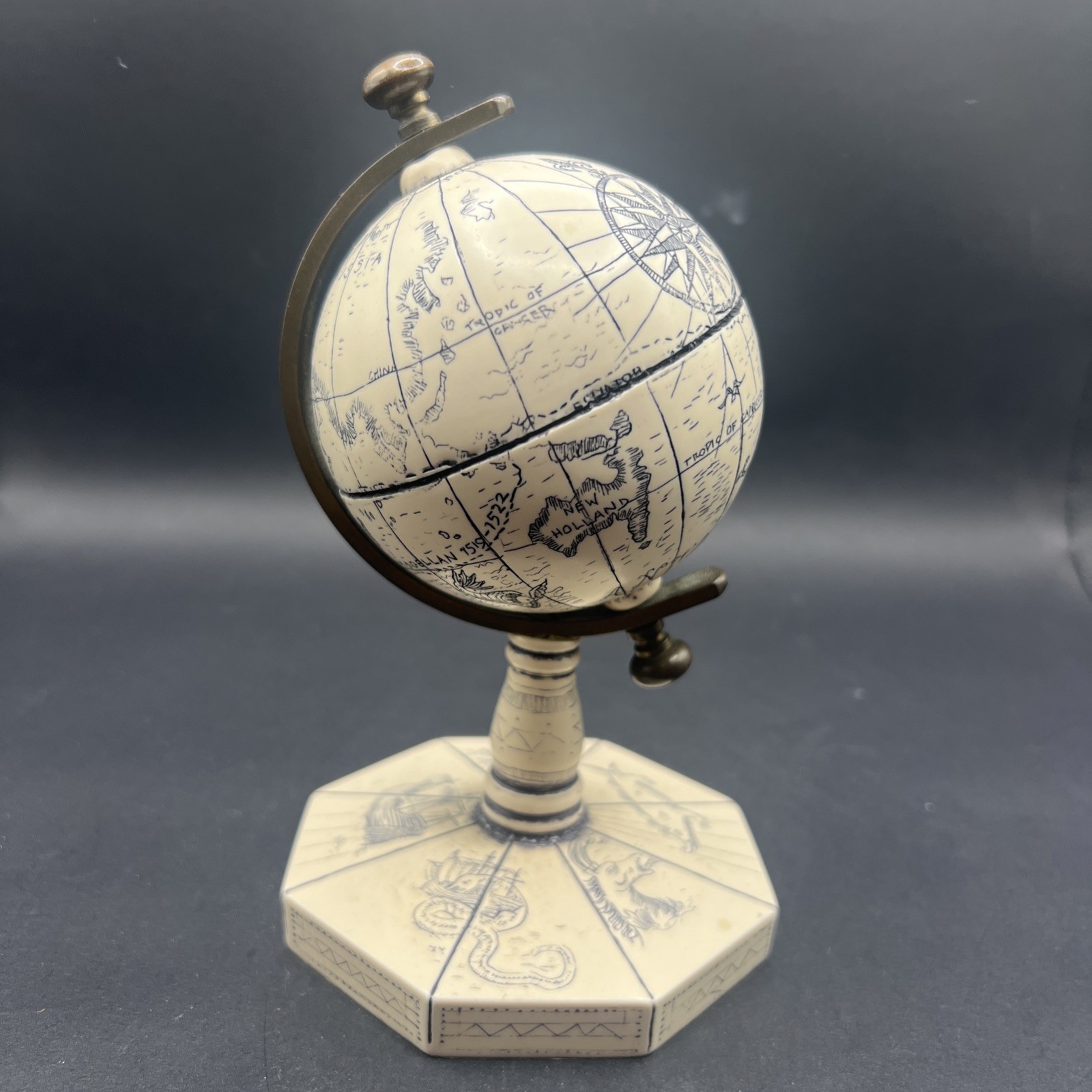 Vintage Comoys of London Faux Scrimshaw Mini World Globe Octagonal Base England