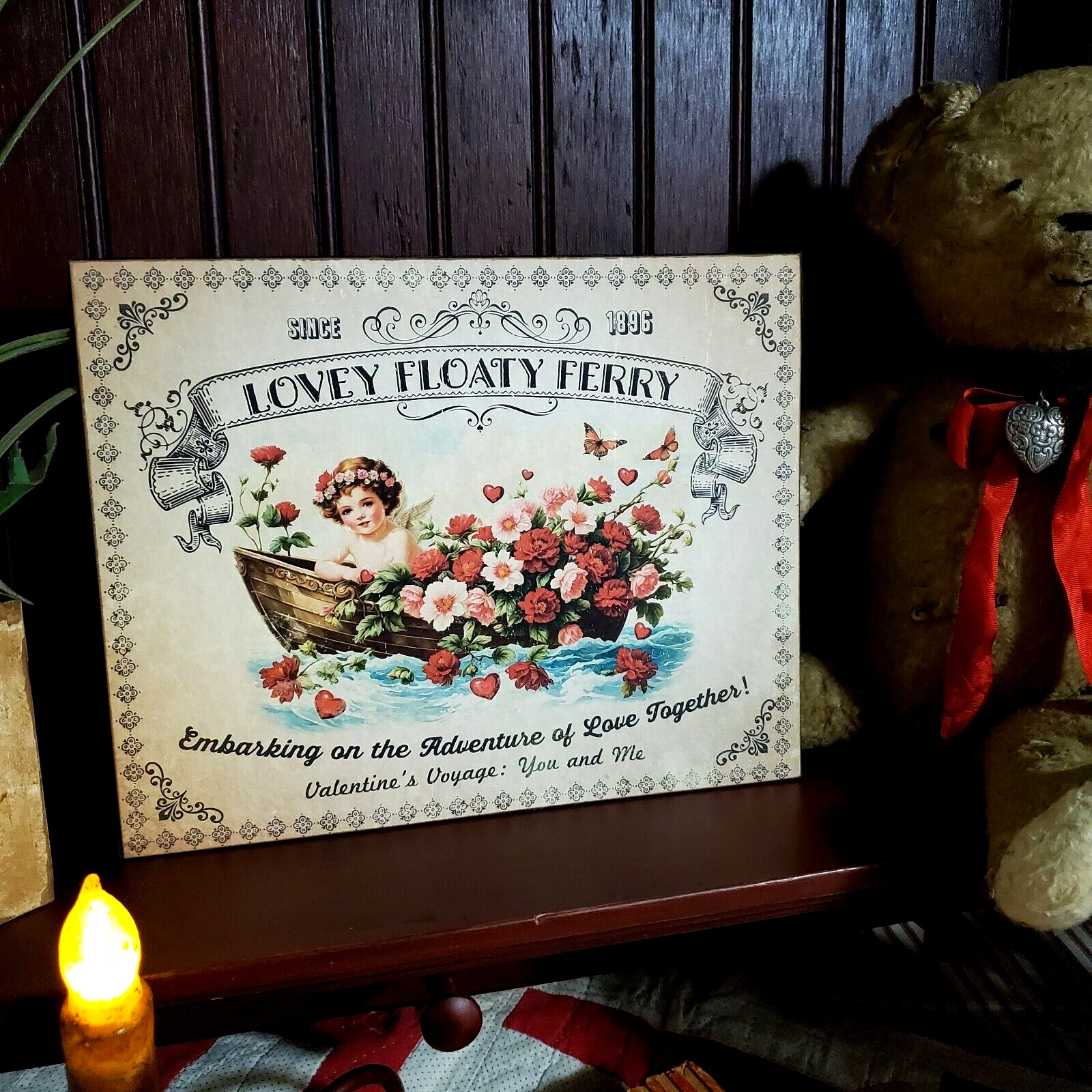 SHABBY VICTORIAN PRIMITIVE VINTAGE STYLE VALENTINE 1896 LOVEY FLOATY FERRY SIGN