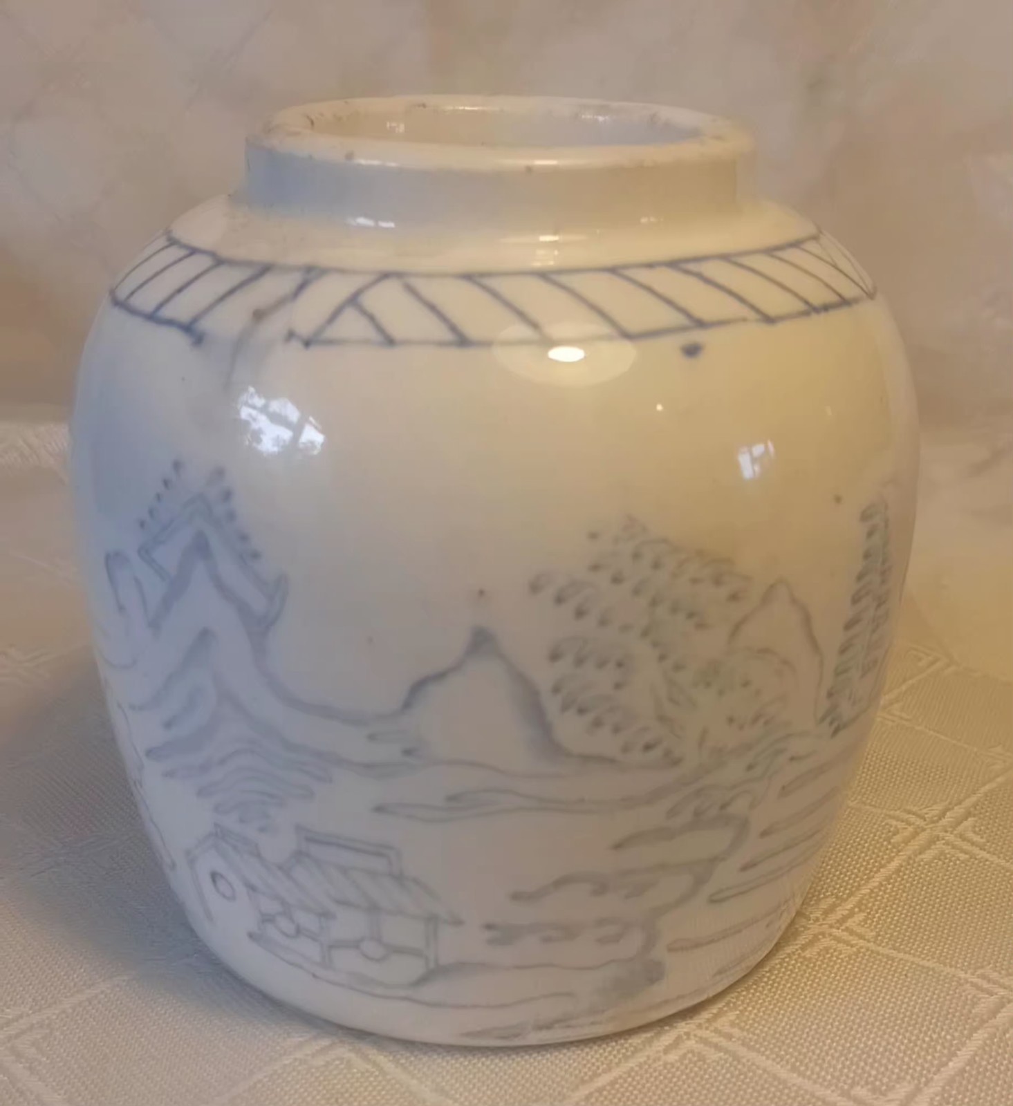 Vintage Chinese Ginger Jar Light Blue Transfer Landscape Mountains
