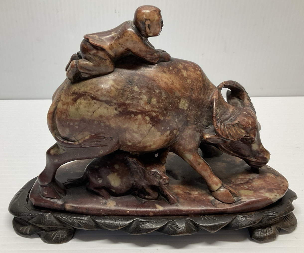 Vintage Asian SOAPSTONE CARVING BOY WATER BUFFALO STATUE CARVED WOOD STAND